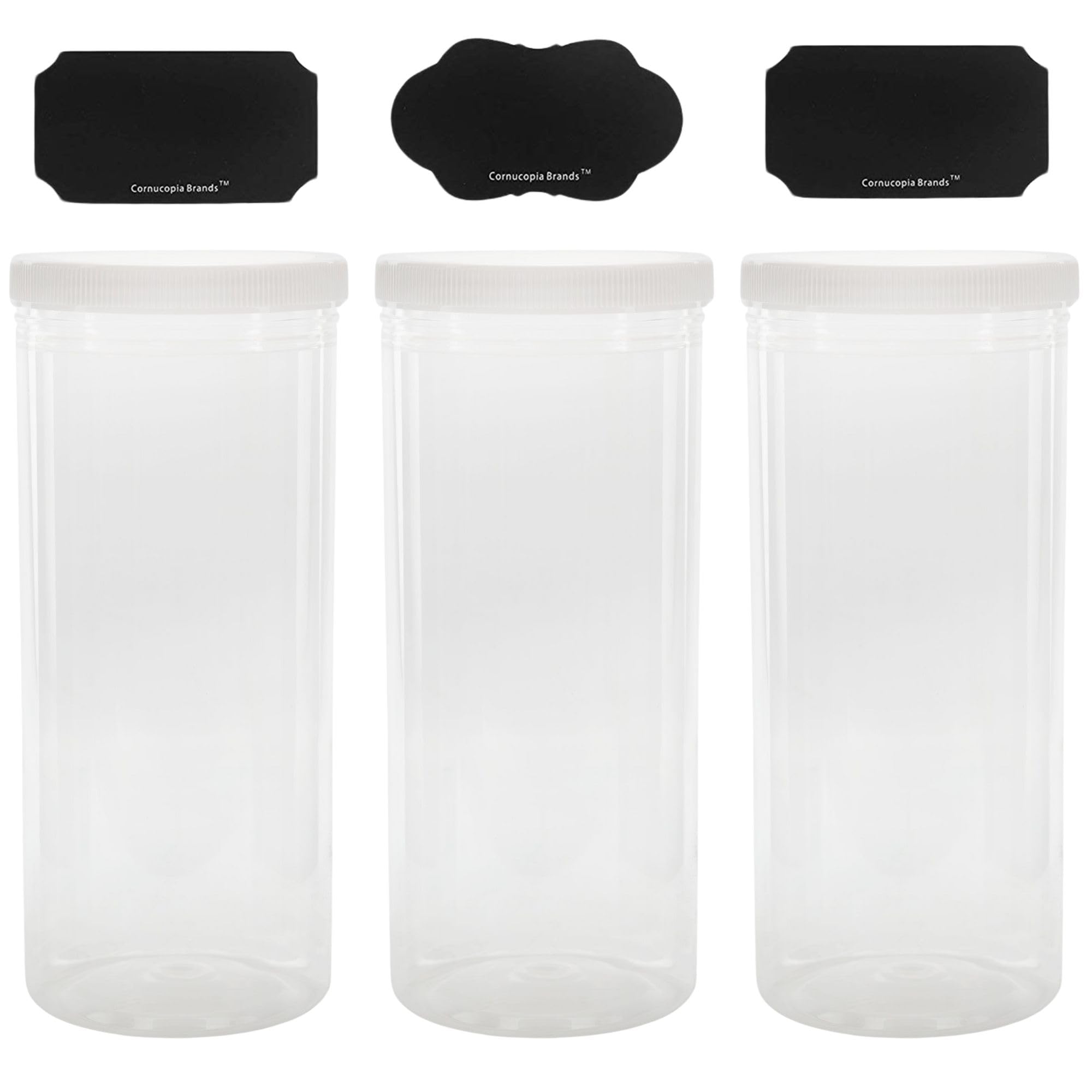 Cornucopia Tall Clear Plastic Canisters w Lids and Labels (3-Pack  2.5 quart / 10 cup capacity); 10in High BPA-free PET 80oz Jars for Food & Home Storage