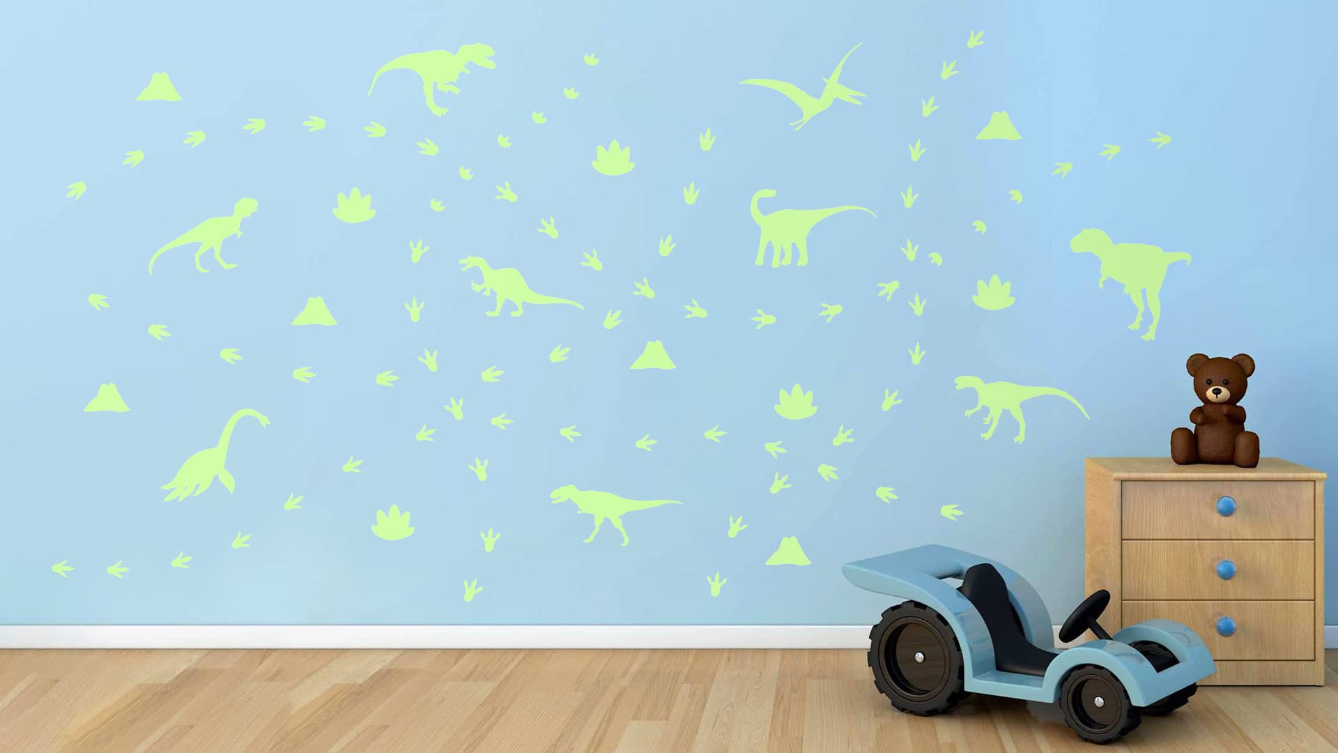 IARTTOP Dinosaur Wall Decals Glow in The Dark Dinosaur Stickers for Kids Room Dinosaur Theme Footprints Volcano Wall Sticker for Boys Baby Bedroom Nursery Decoration