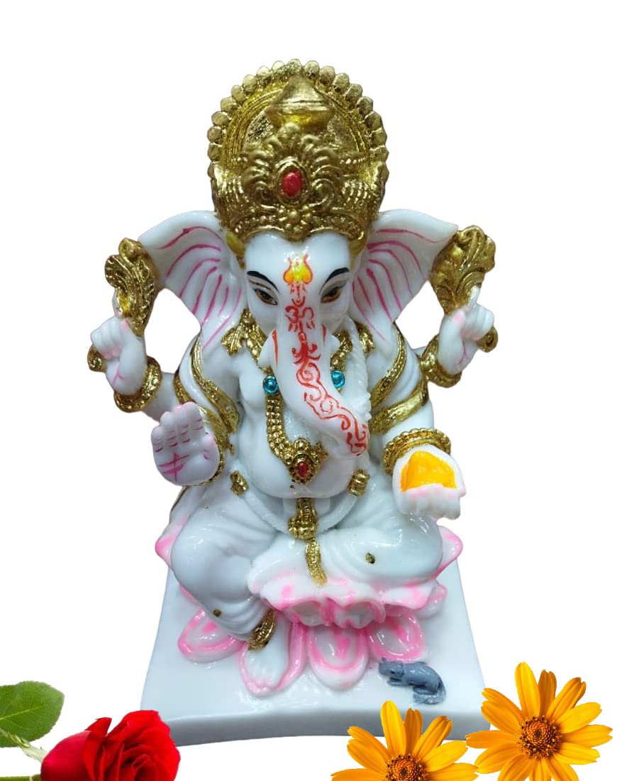 Rudram Arts Marble Dust Ganesha Statue Ganesh Ganpati Murti Idols For Home Office Decor (Size: 18 Cm X 10 Cm)