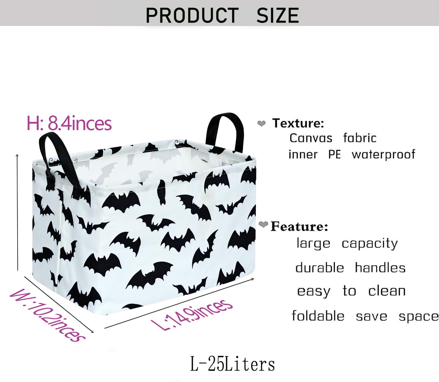KUNRO Bat Pattern Halloween Storage Gift Basket Canvas Storage Bins with Handles Rectangle Storage Cubes Organizer for Bedroom L