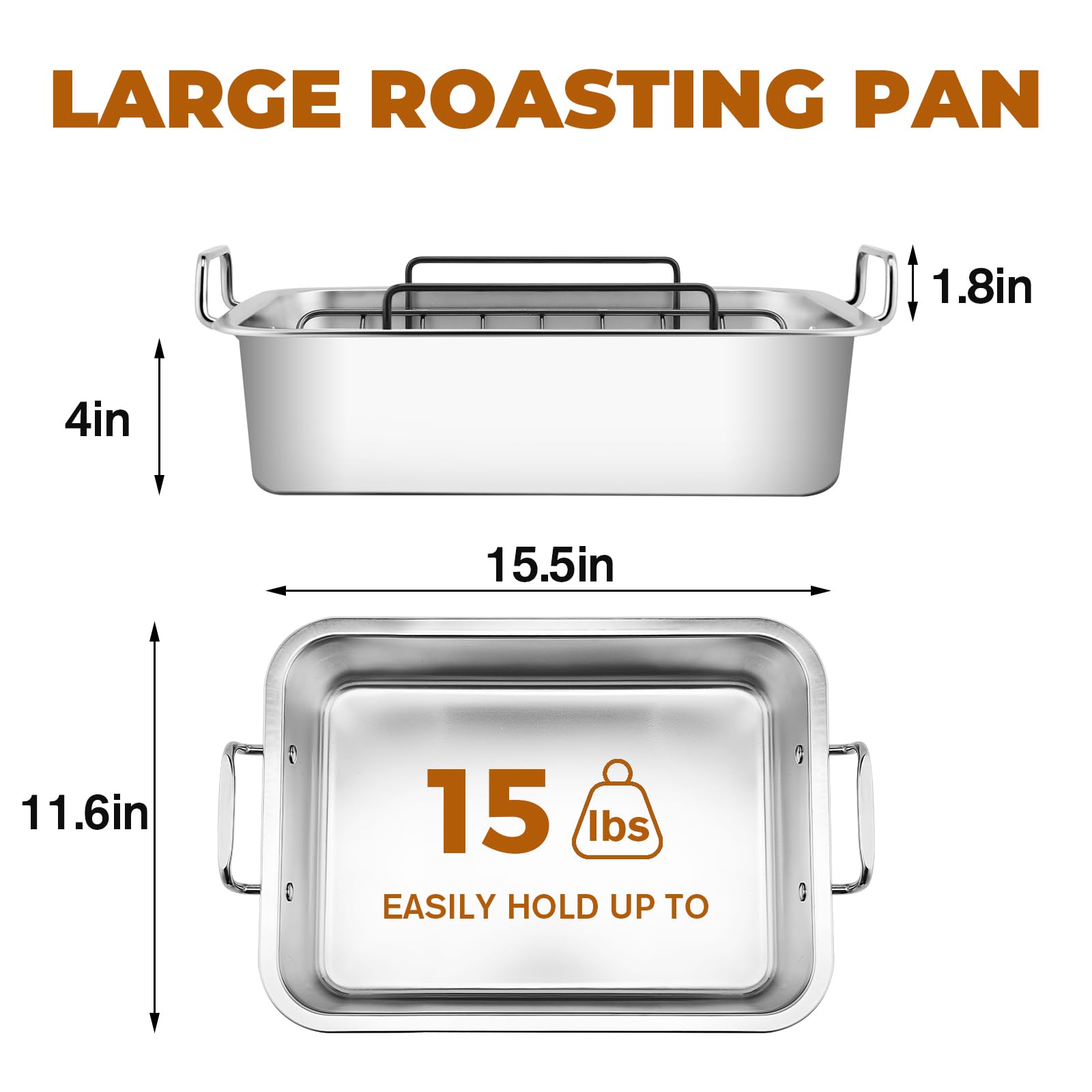 Turkey Roasting Pan With Nonstick Rack: Large 16 X 12 Inch Stainless Steel Turkey Roast Pan Set Rectangular Roaster - Perfect Fo