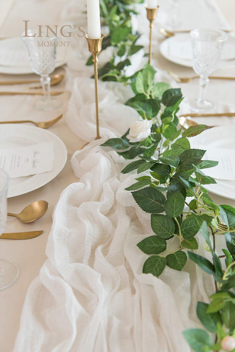 Ling'S Moment 10Ft X 35'' Wide Brilliant White Gauze Semi-Sheer Table Runner Cheesecloth Tablecloth For Wedding Party Bridal Sho