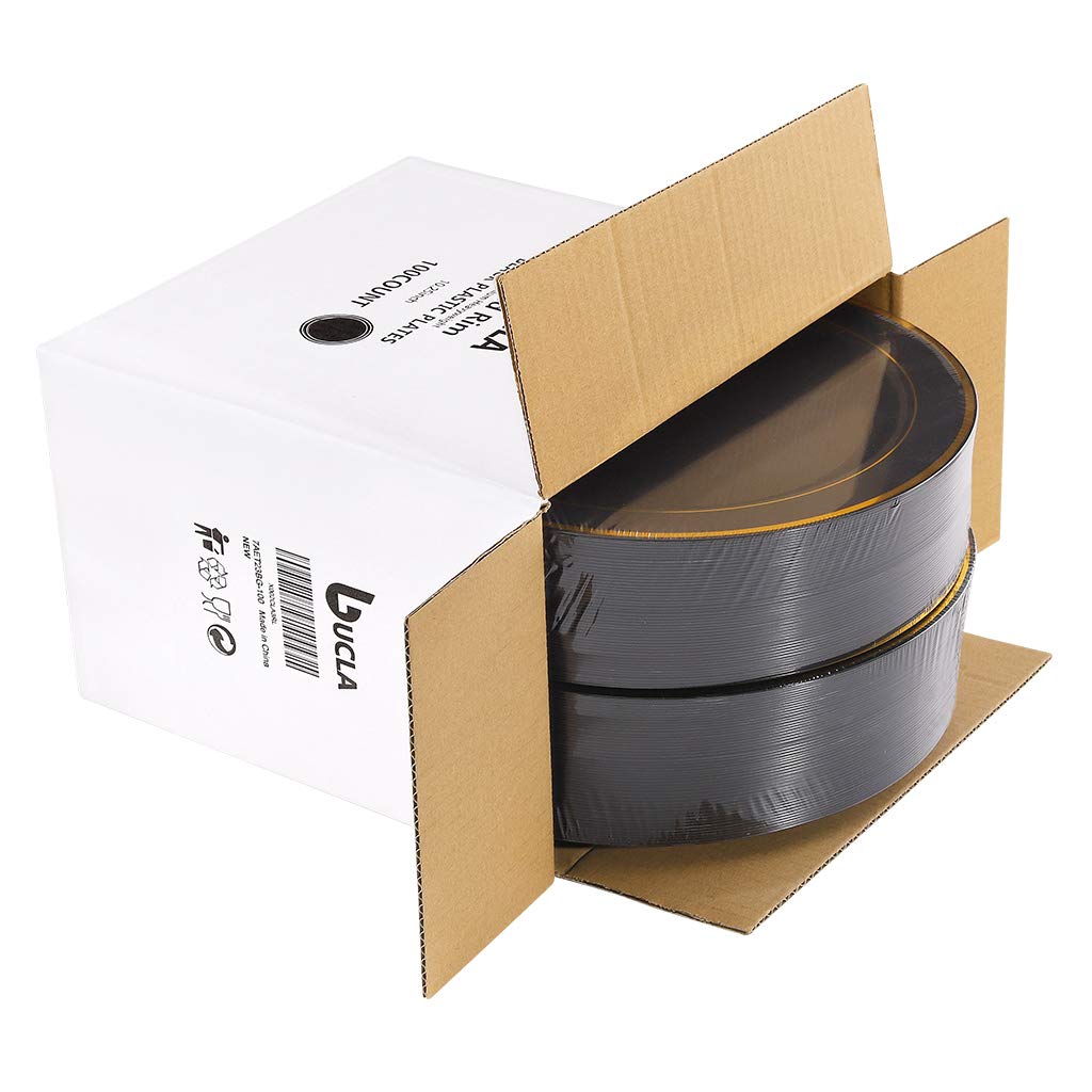 Bucla 100 Pieces Black And Gold Plastic Plates Disposable - 7.5Inch Disposable Salad/Dessert Plates With Gold Rim - Ideal For Ha