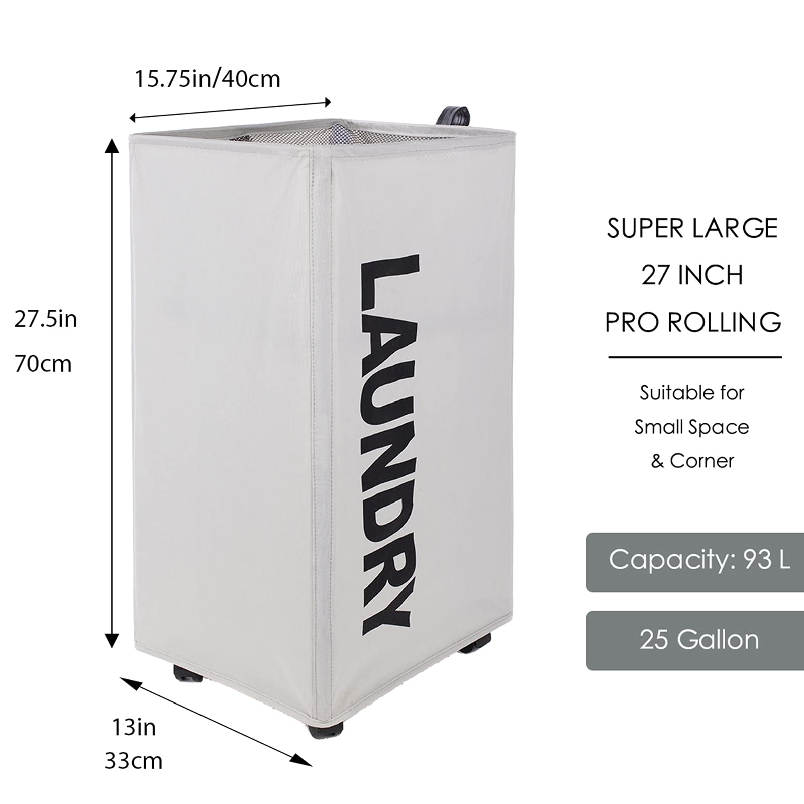 Caroeas Laundry Baskets 95L Tall With Leather Handle, Laundry Basket On Wheels, Collapsible Laundry Hamper, Rolling Hamper Dorm