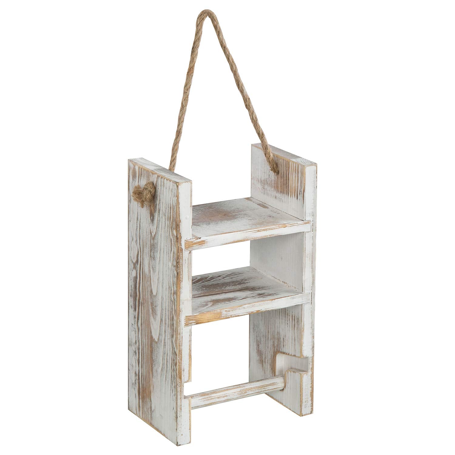 Mygift 2-Tier Hanging Whitewashed Wood Ladder Shelf And Toilet Paper Holder With Rustic Rope
