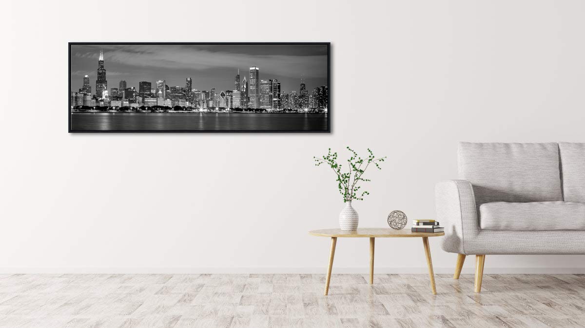 Wieco Art Framed Wall Art Chicago City Center Skyline Black And White Wall Decor Canvas Prints Modern Cityscape Wall Decorations