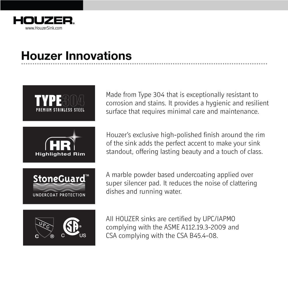 Houzer Glowtone 25 Inch Stainless Steel Topmount 4-Hole Single Bowl 8 Inch Deep Kitchen Sink - 2522-8Bs4-1