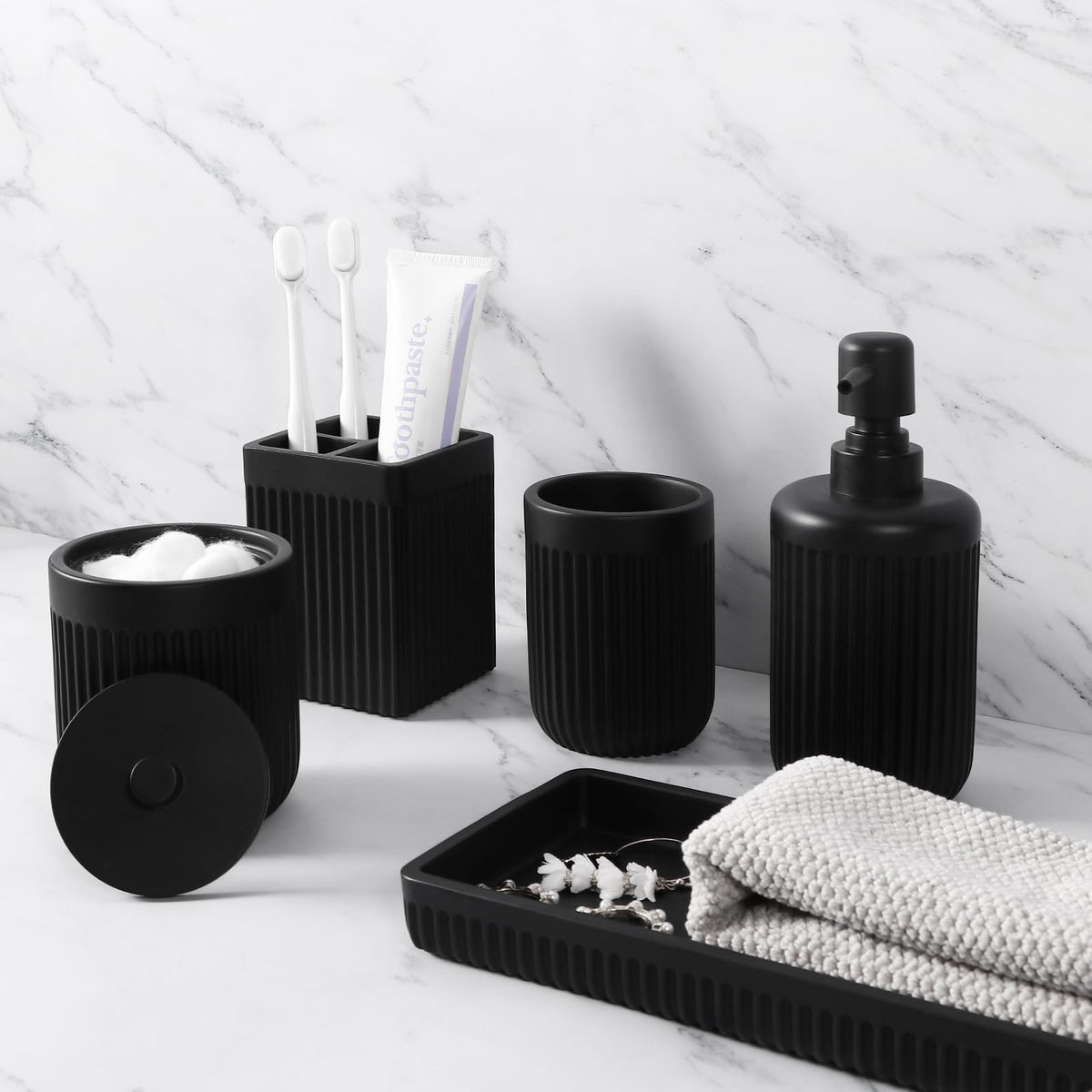Resin Matte Black Bathroom Accessories Set 5 Pcs, Lotion Soap Dispenser, Toothbrush Holder, Bathroom Tumbler, Qtip Holder And Va