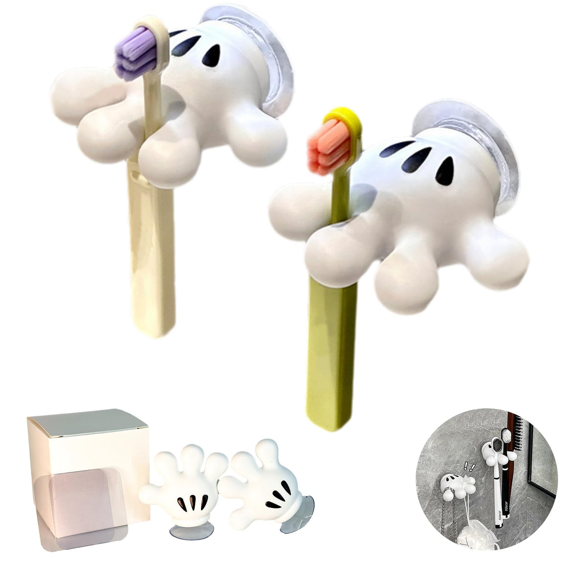 Lifelisa Cute Hanging Toothbrush Holder, Hand Wall Hanging Utility Suction Hooks With Stickypads, Multi-Function Mouse Bathroom