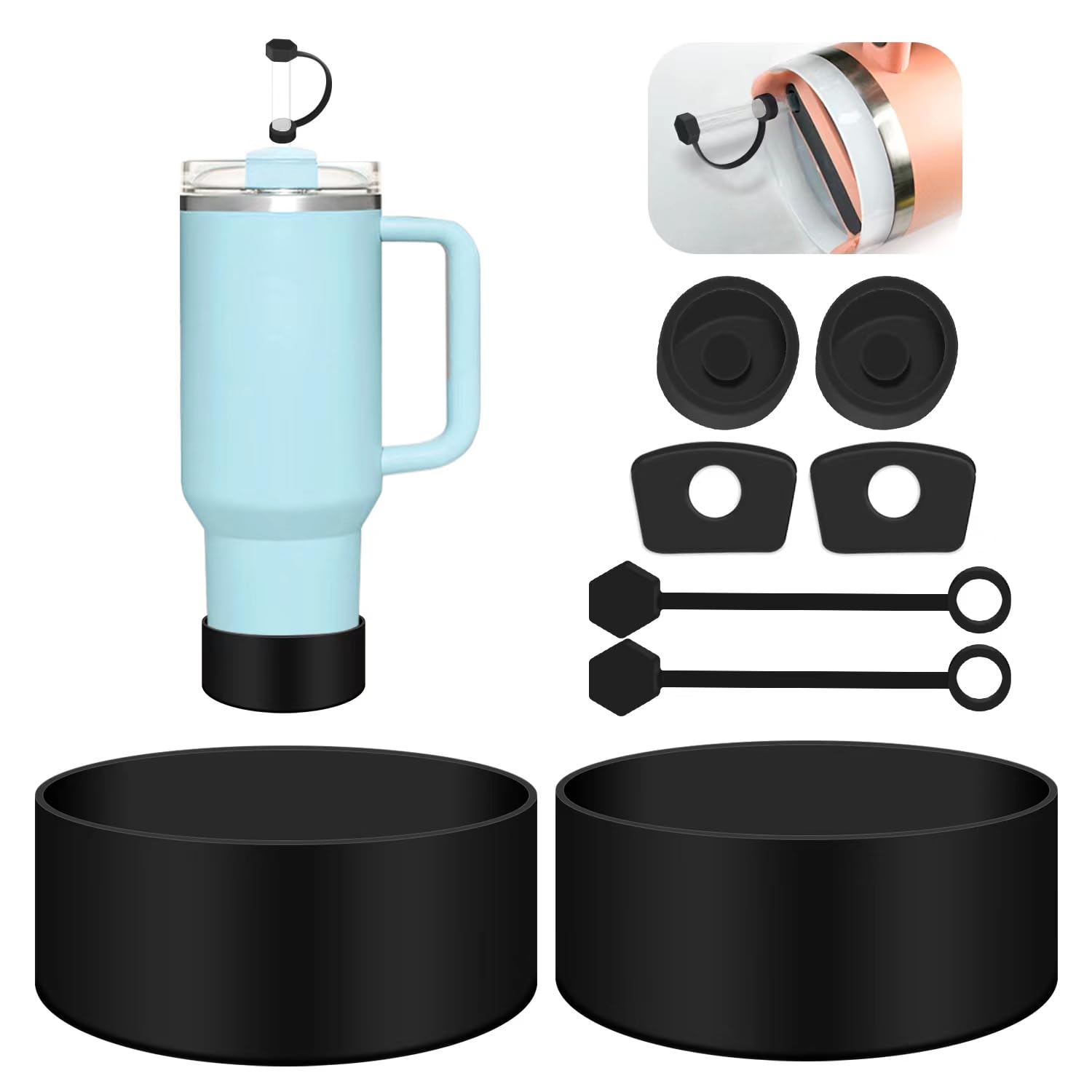 Banpinsh Silicone Tumbler Accessories Set: 2 Boots, 2 Straw Covers, 4 Spill Stoppers For Stanley 2.0 40Oz & 30Oz, Black (8Pcs)