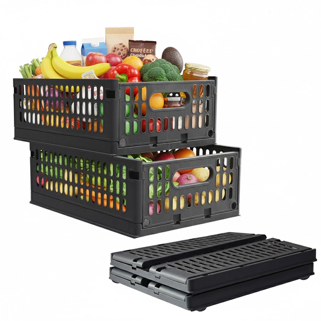 Aditya Polymers Plastic Storage Crates 10 Kg Capacity Grey | 2 Pc Foldable Stackable Collapsible Storage Boxes With Wheels & Sid