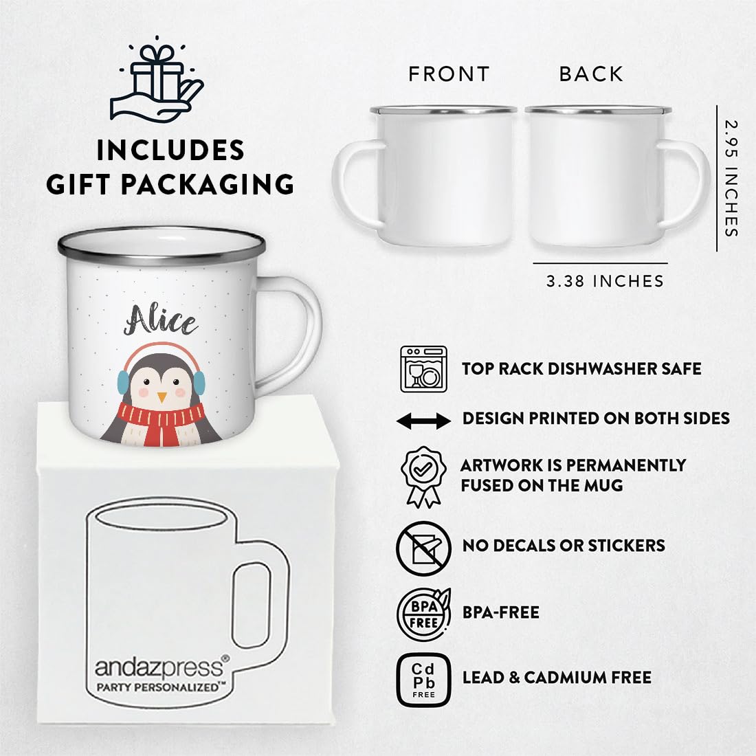 Andaz Press Personalized 11Oz. Christmas Hot Chocolate Stainless Steel Campfire Coffee Mug Gift, Penguin, 1-Pack, Custom Name En
