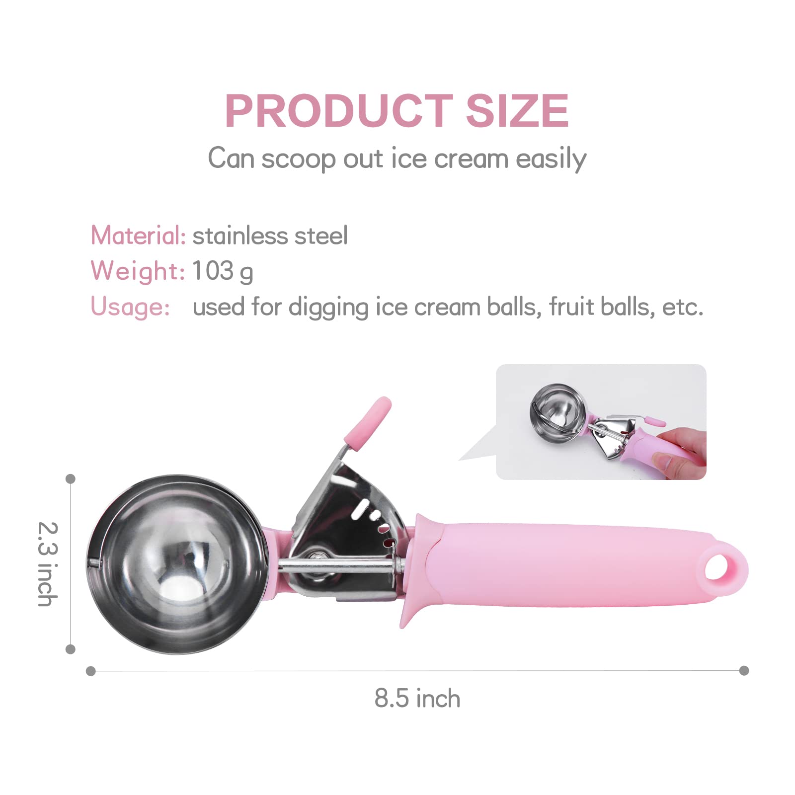 Ice Cream Scoop, Cookie Fruit Scoop With Comfort Grip Handle, Stainless Steel Ice Cream Scoop With Trigger Lever(8.46 Inch)