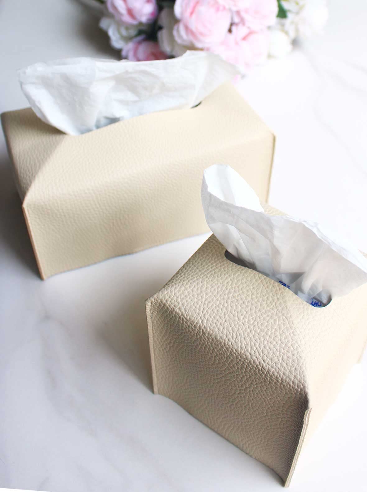 Extra Large Rectangle Tissue Box Cover - Plus Size Tissue Box Holder With Bottom Belt [Jesmini, Beige] Faux Leather Long Rectang