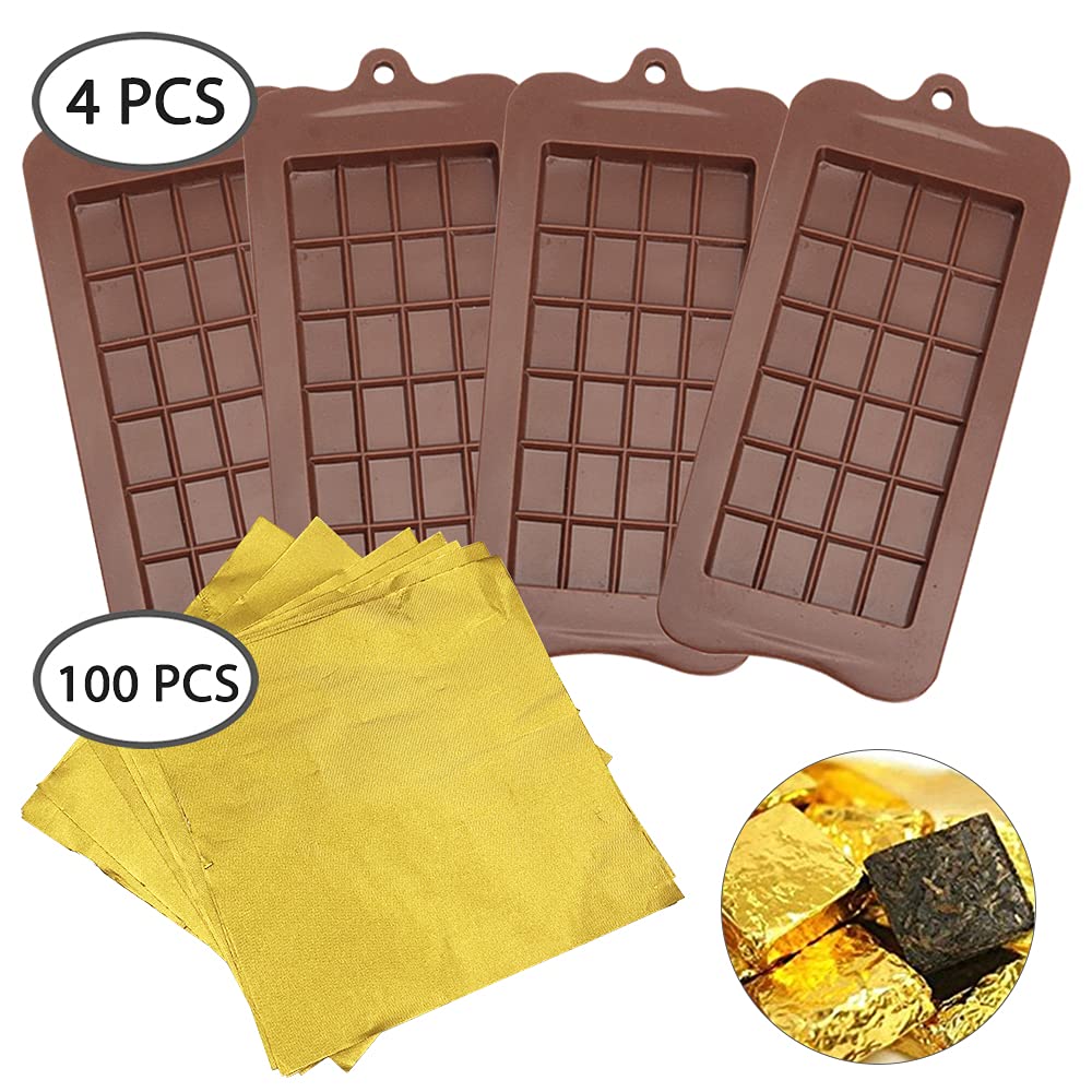 4 Pcs Chocolate Molds With 100 Gold Foil Wrappers, Finegood Non-Stick Chocolate Bar Molds Chocolate Bar Maker Break-Apart Silico