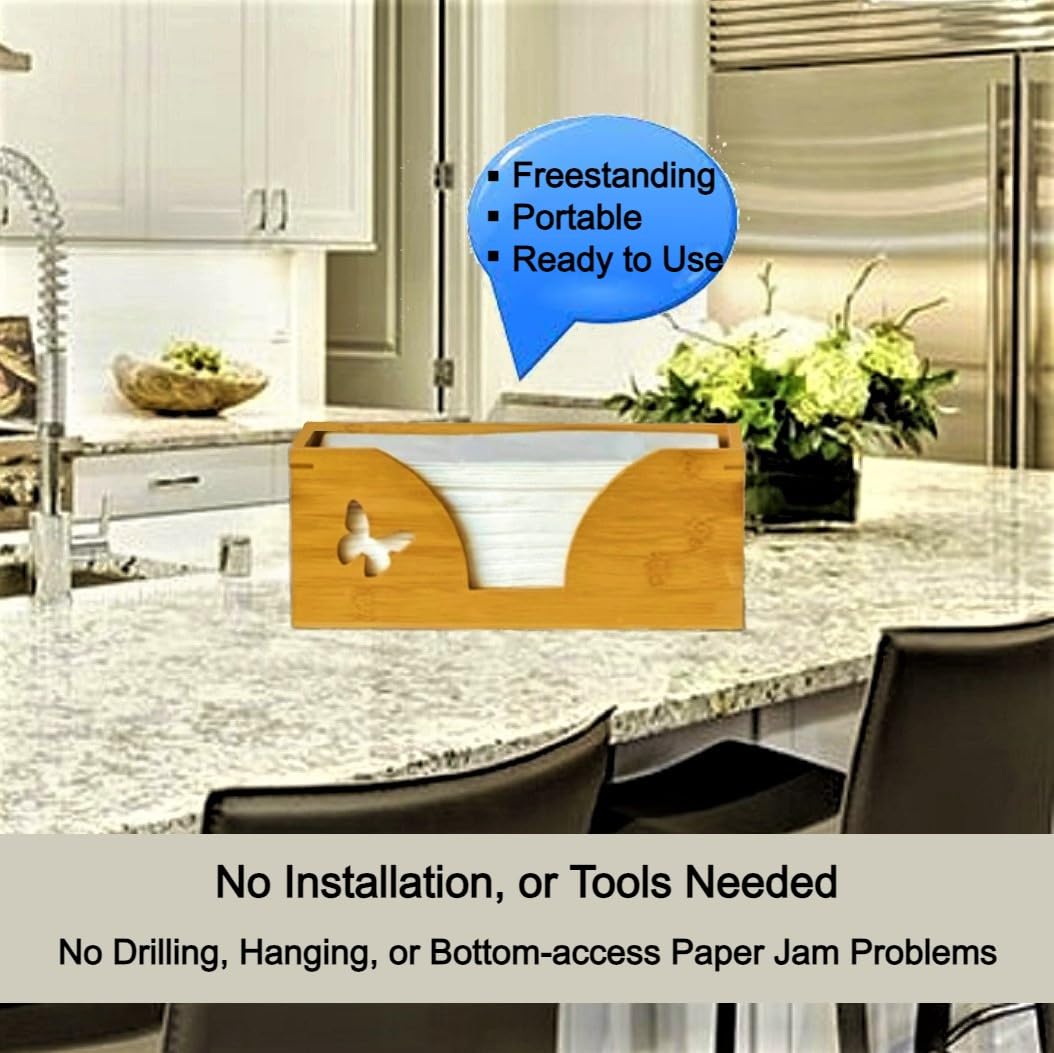 Countertop Paper Towel Dispenser With Engraved Butterfly In Natural Bamboo - Compatible With C Fold, Multifold, Trifold & Z Fold