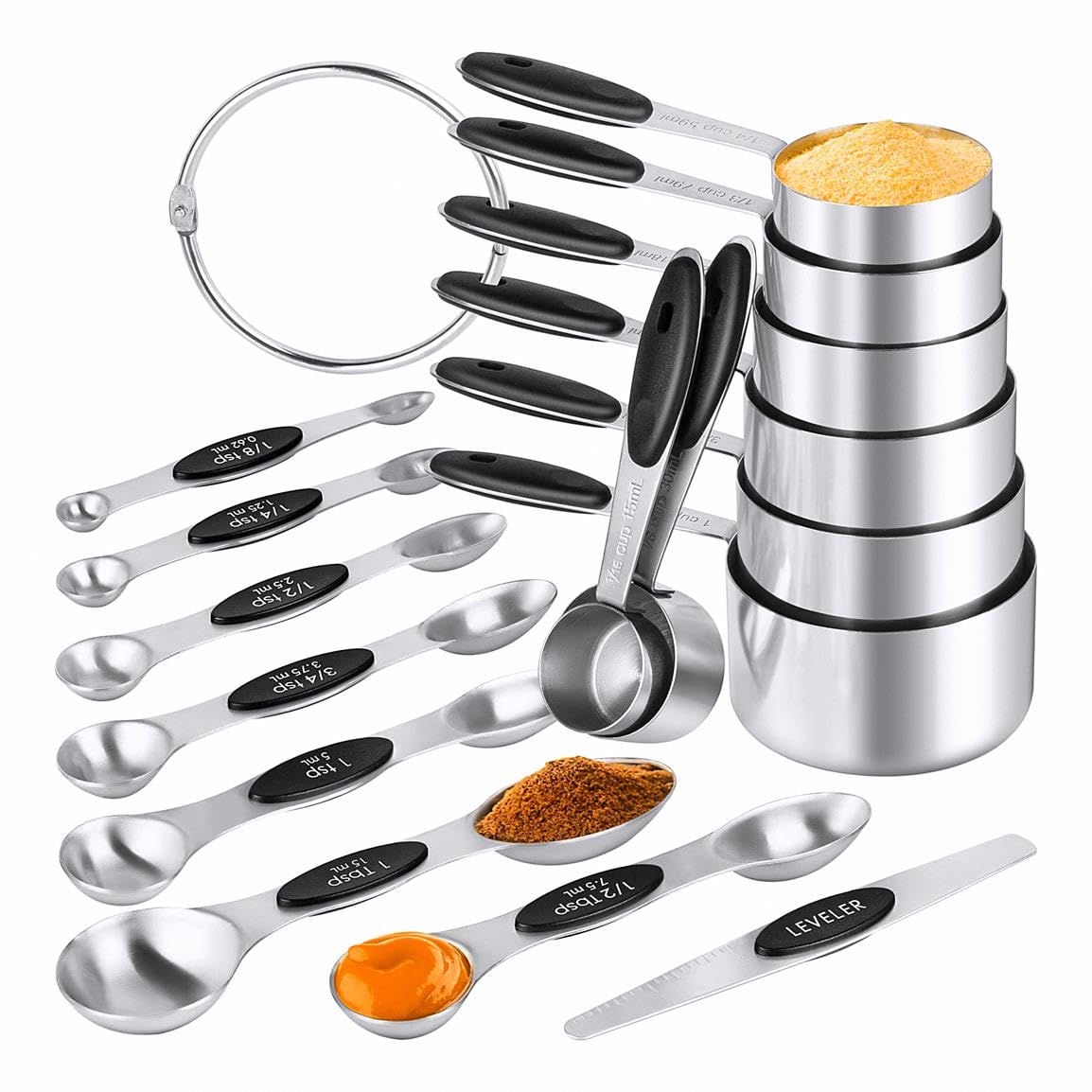 Measuring Cups & Spoons Set of 16, BOBIPRO Stainless Steel 8 Nesting Measure Cups Set & 7 double-sided Magnetic Measuring Spoons