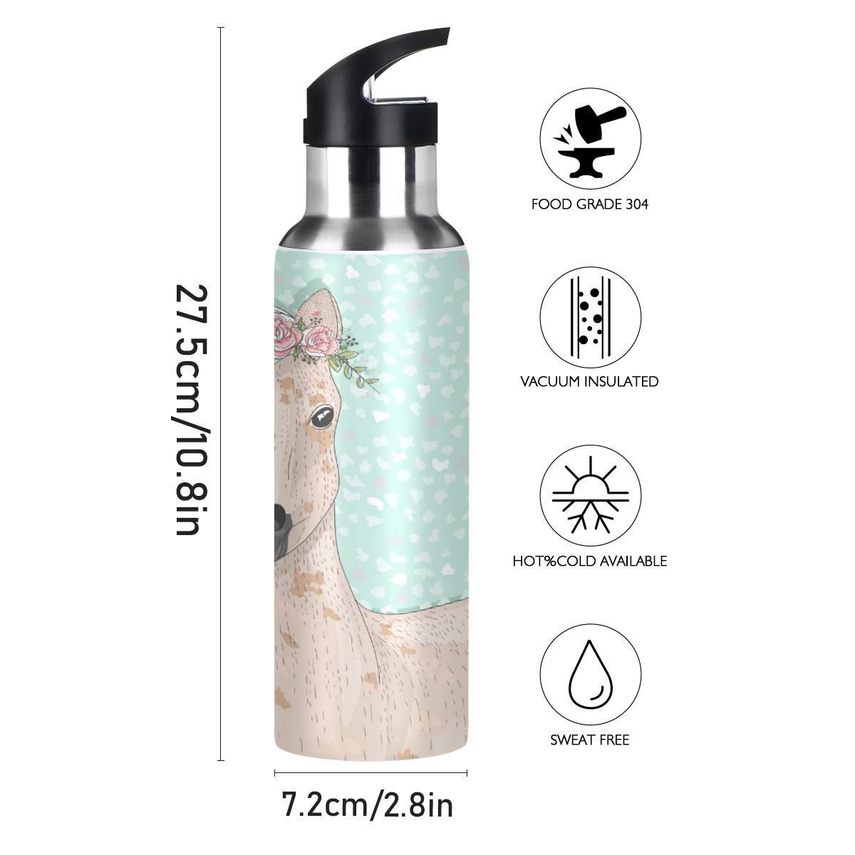 Flower Horse Water Bottle Stainless Steel Vacuum Insulated Water Bottle Standard Mouth Bottle With Wide Handle