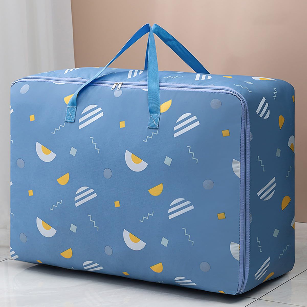 Wolpin Non-Woven Extra Large Size Underbed Storage Bag Waterproof (70 X 30 X 50 Cm) - Zippered Closure & Handle Geometry Print,