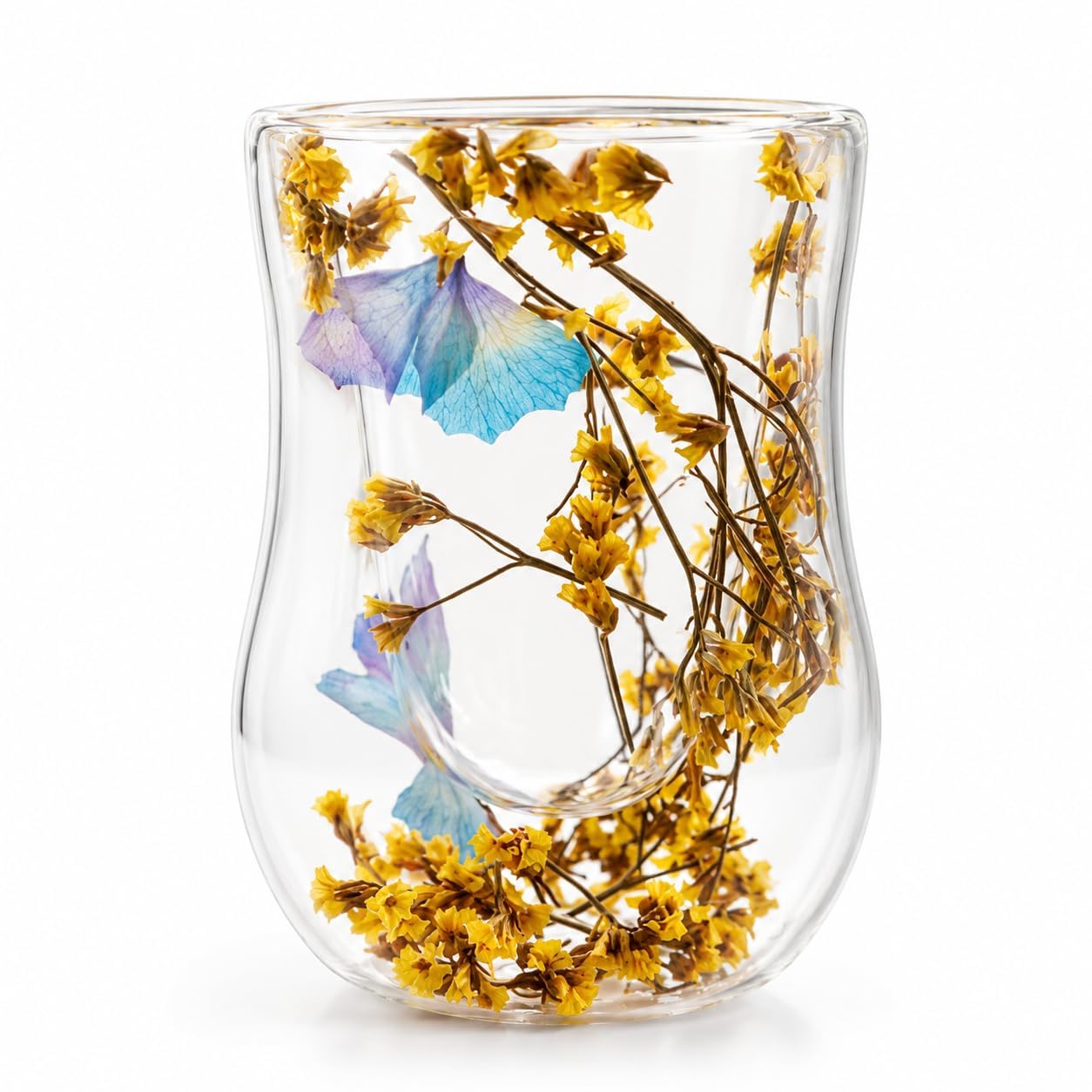 Ganvia Double Wall Borosilicate Glass Tumbler with Dried Flower Design Transparent Floral Tea Coffee Juice Cup