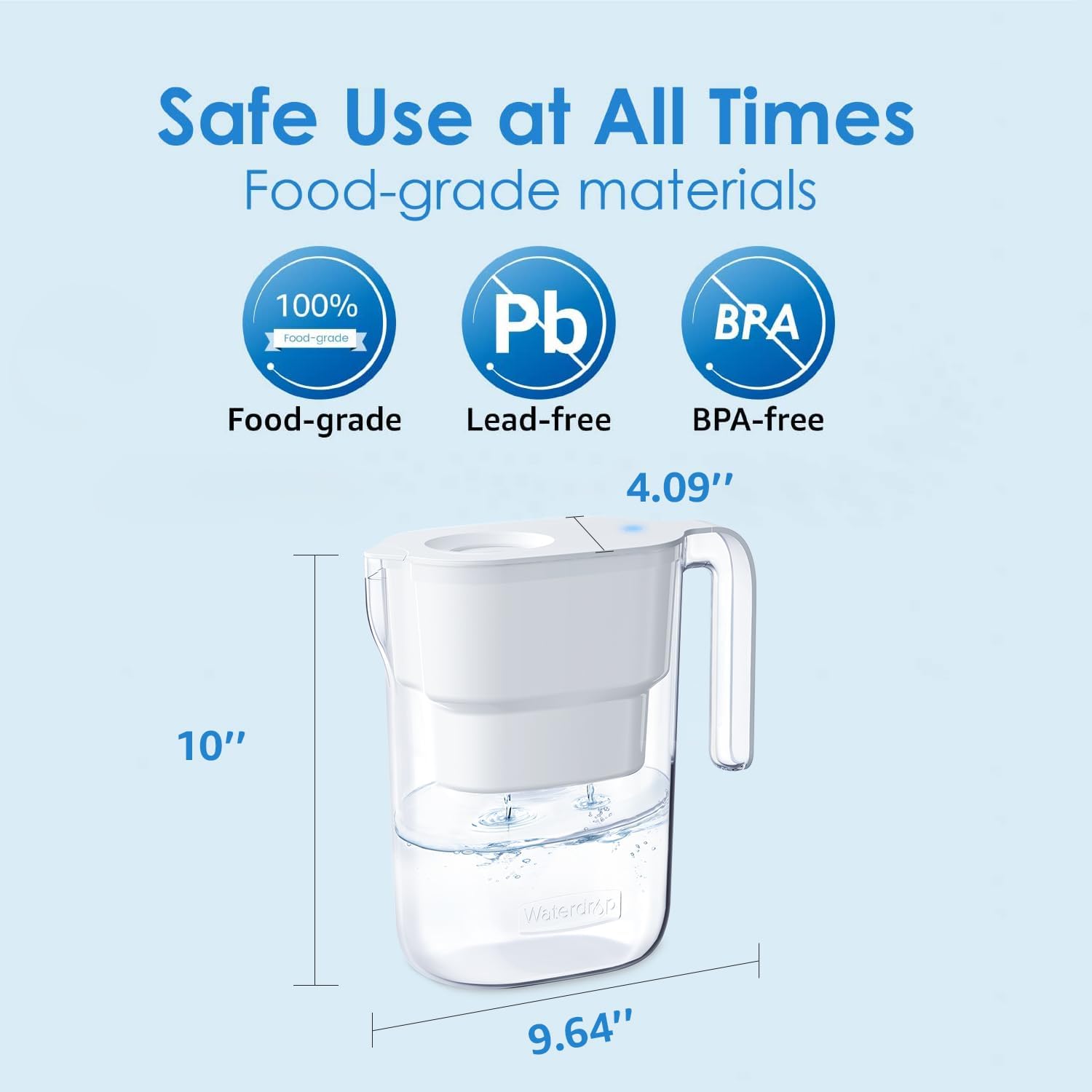 Waterdrop Water Filter Pitcher With 1 Filter, 5X Times Lifetime, Lasts 200 Gallons, For Fridge, Countertop And Gift, Reduces Pfo