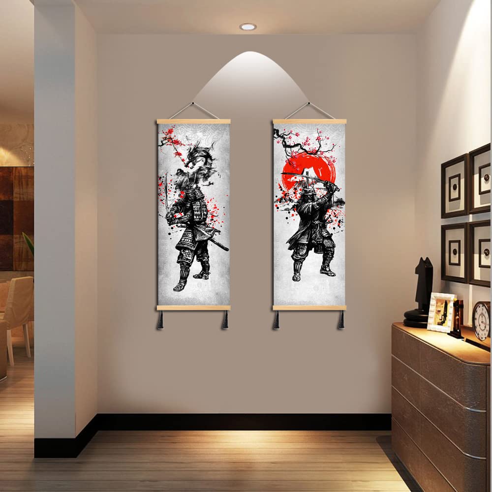 Mboufoey 2 Pieces Vintage Style Ancient Japan Warrior Dragon And Fuji Mountain Canvas Samurai Wall Art Print Poster Black And Wh