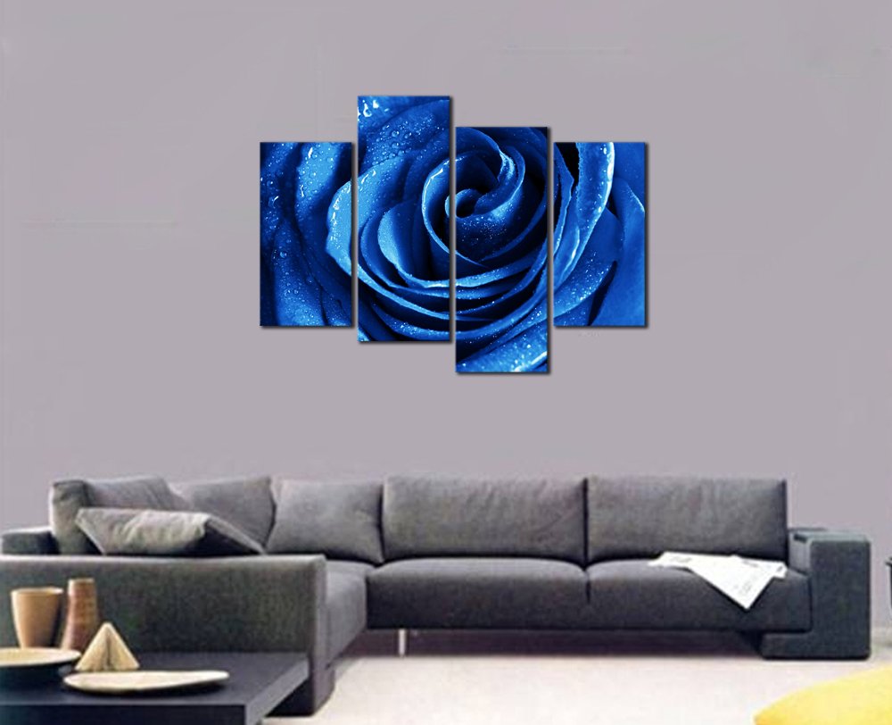 Wieco Art Blue Rose With Dew Canvas Wall Art Abstract Romantic Flower Pictures Paintings Wall Art For Living Room Bedroom Decora