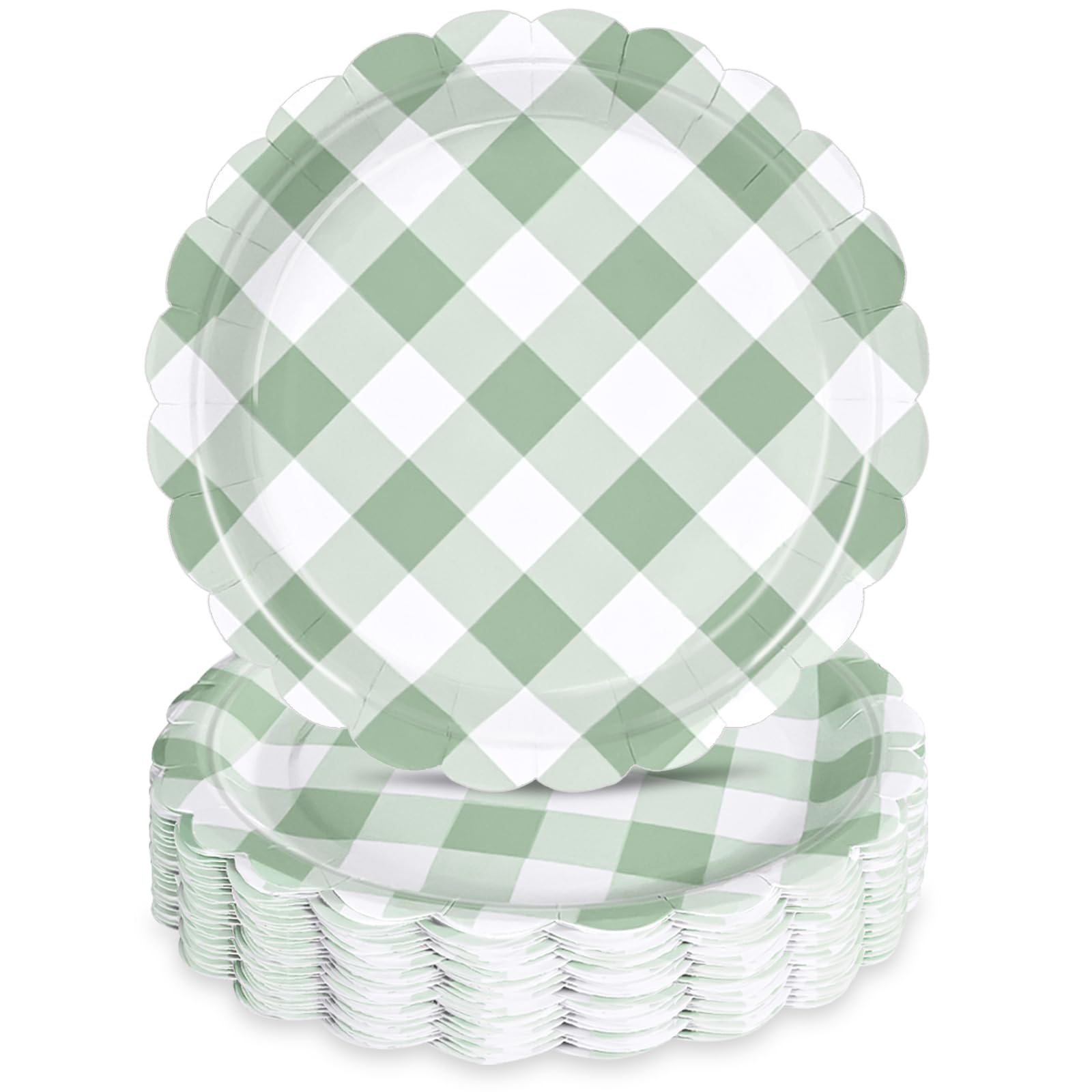 48 Pcs 7 Green Gingham Paper Plates Light Green & White Scalloped Checkered Party Plates, Pastel Plaid Dessert Table Supplies fo