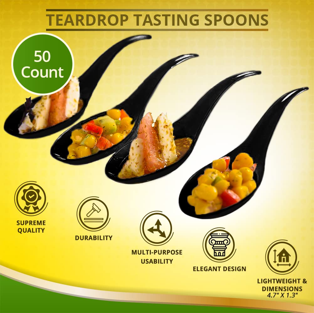 Tear Drop Tasting Spoons - Appetizer Spoons - Tasting Spoons -50 Count- Disposable Black Plastic - Ideal For Appetizers, Dessert
