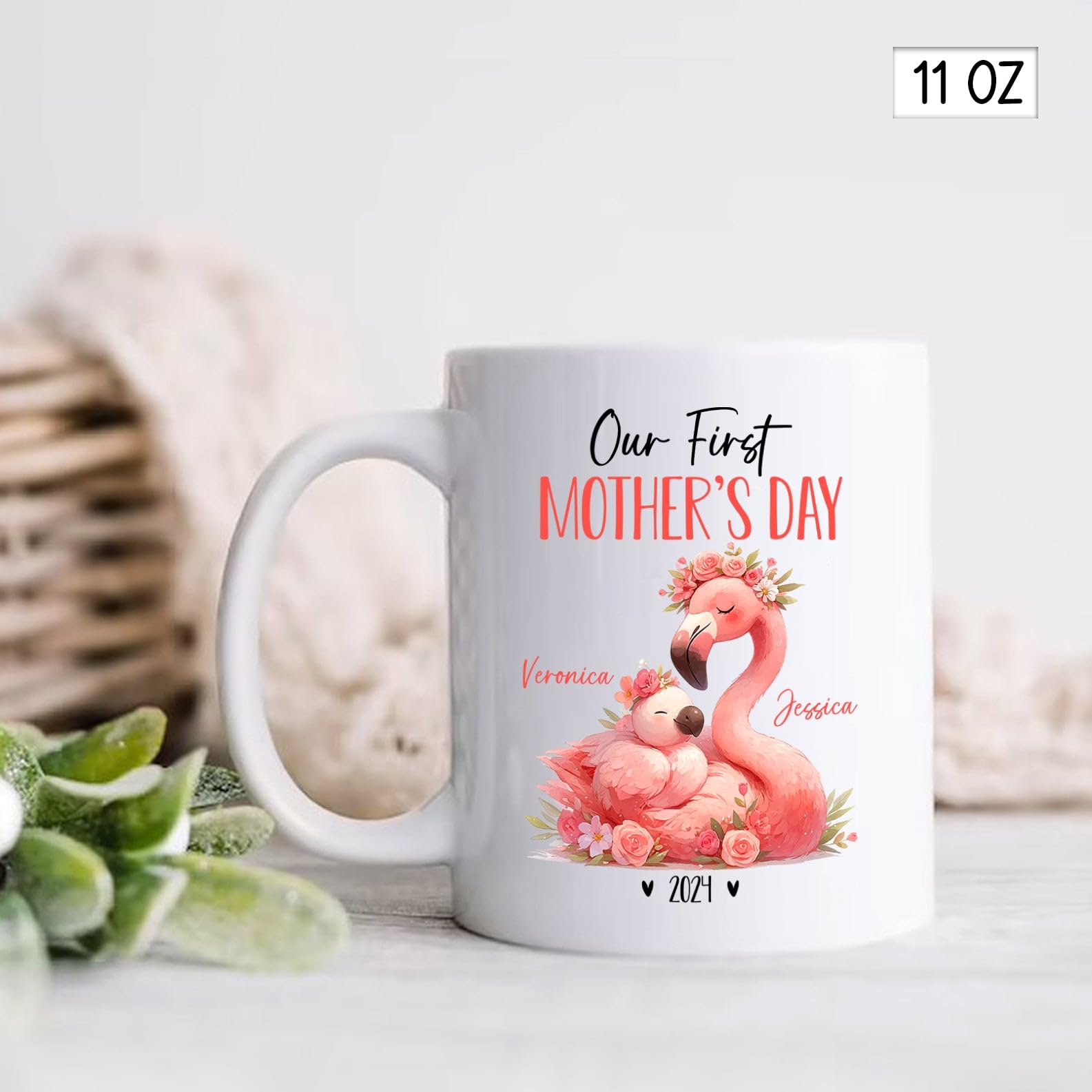 Pink Flamingo Mug For Animal Lovers, Personalized Mom And Baby Flamingo Ceramic Mug, Mother Flamingo & Baby Coffee Cup, Our Firs