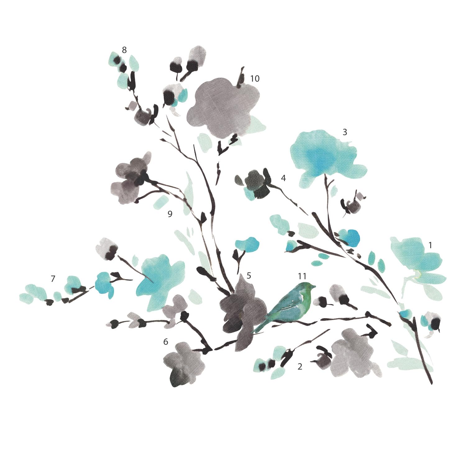Roommates Rmk2687Scs Blossom Watercolor Bird Branch Peel And Stick Wall Decals, Multi Color