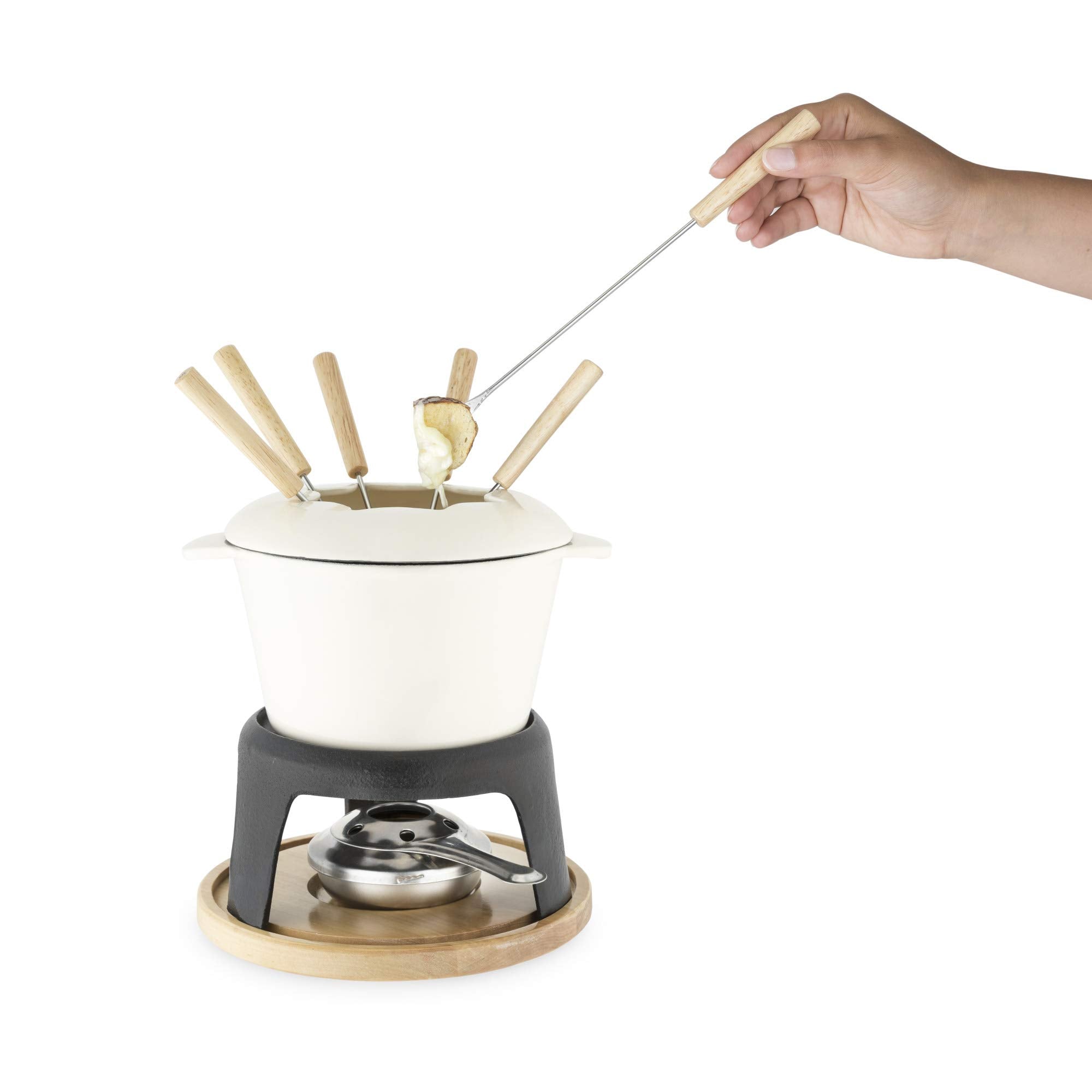 Twine Farmhouse Kitchen Enamel Cast Iron Fondue Set Cheese Melting Pot Metal Stand with Stainless Steel Forks and Chrome Gel Burner  8.5''  Off-Cream