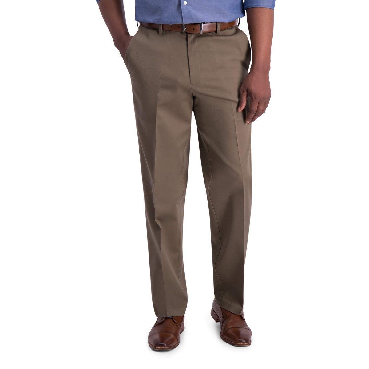 Haggar Mens Iron Free Premium Khaki Classic Fit Flat Front Expandable Waist Casual Pant Regular And Big  Tall Sizes, Toast, 34W