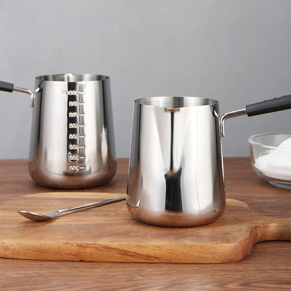 Elvaesther Milk Warmer Pot, Stainless Steel Butter Warmer With Pouring Spout, Milk Pan With Scale Chocolate Melting Pot Milk Fro