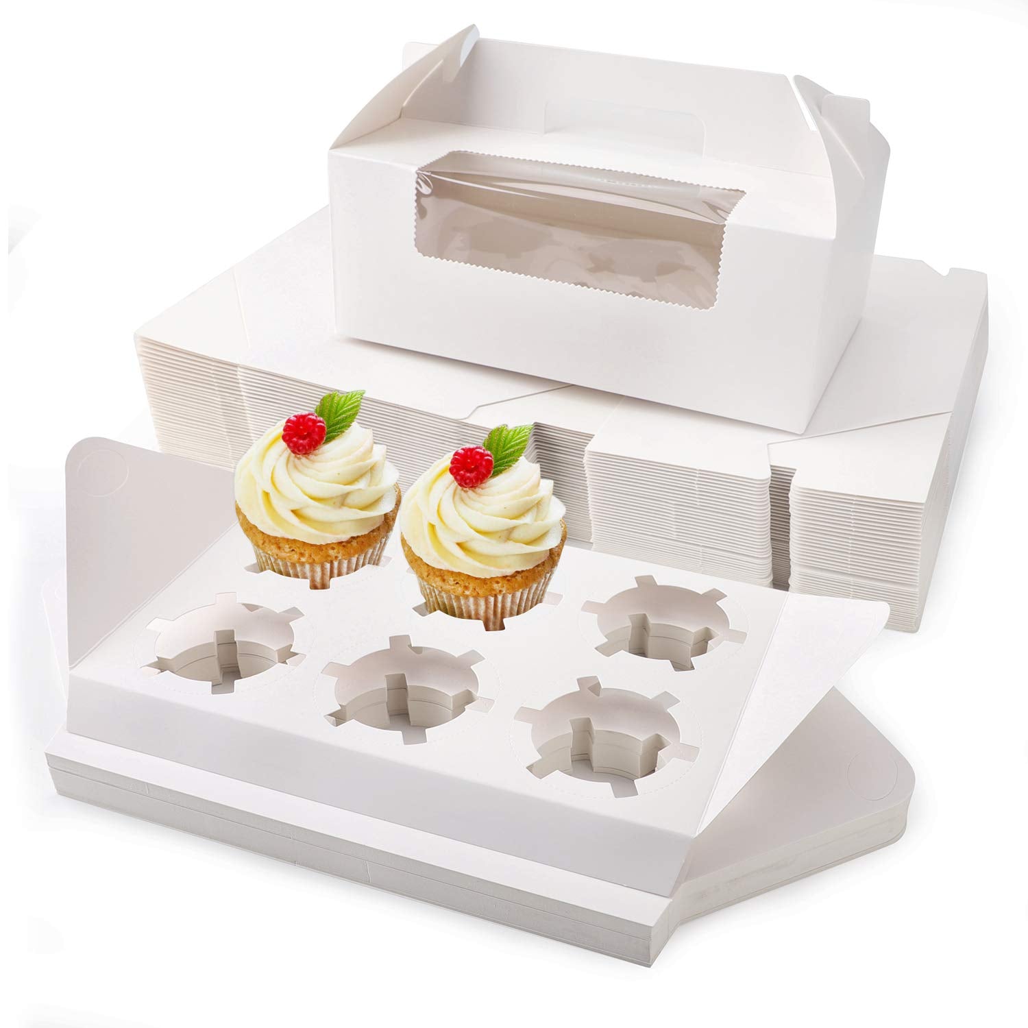 Eusoar Cupcake Boxes With Holders, 50Pcs 9.3'' X 5.9'' X 3.5'' Cupcake Carrier With Handle Insert Display Window, Party Favor Ba