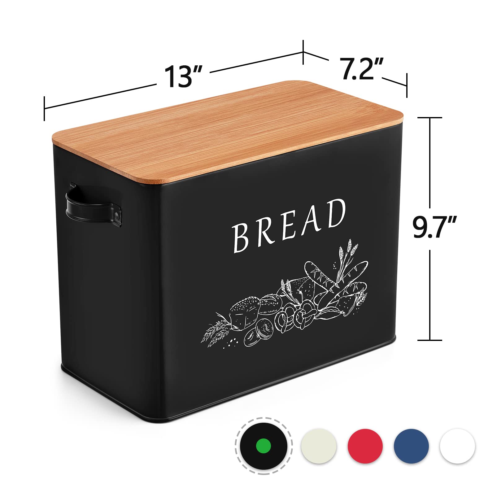 P&P Chef Black Bread Box For Kitchen Counter, Metal Bread Storage Bin With Wooden Cutting Lid, Large Capacity For Holding 2+ Loa