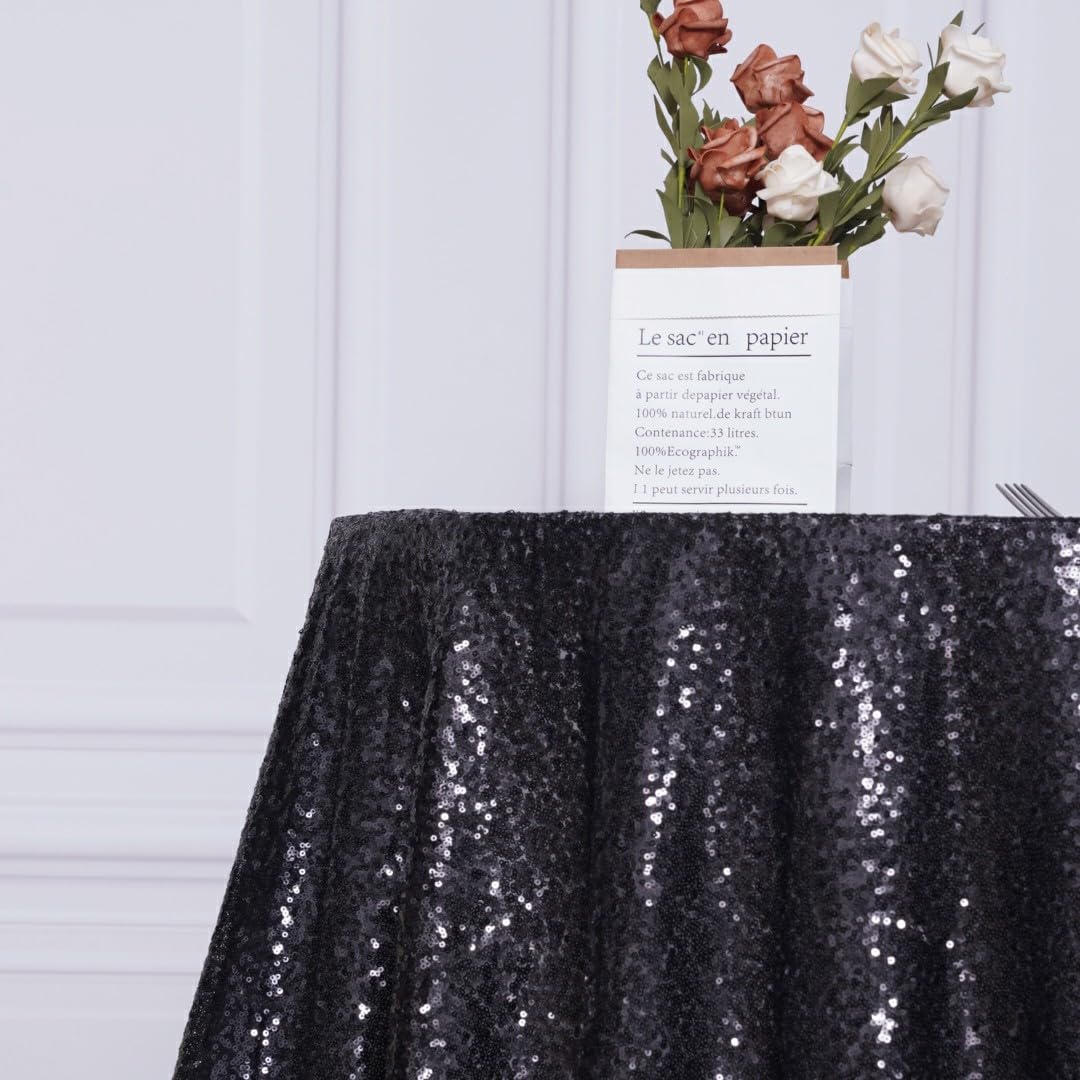 Poise3Ehome 50 Inch Round Black Sequin Tablecloth For Party Cake Dessert Table Exhibition Events