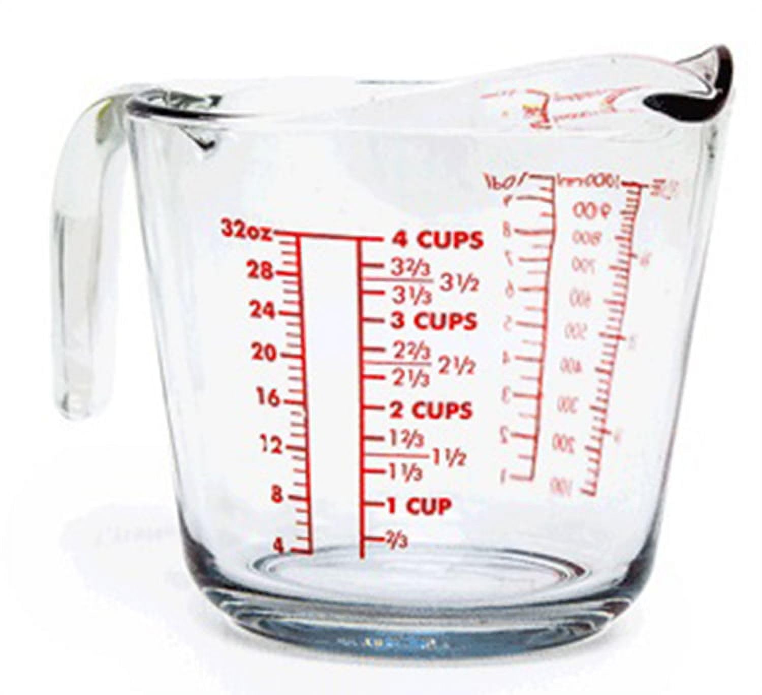 Kitchen Classics 195-91661Lib 32 Oz. Measuring Cup; Holds 32 Ounces/1 Liter; Clear Glass; Red Print; Oven, Freezer, Dishwasher A