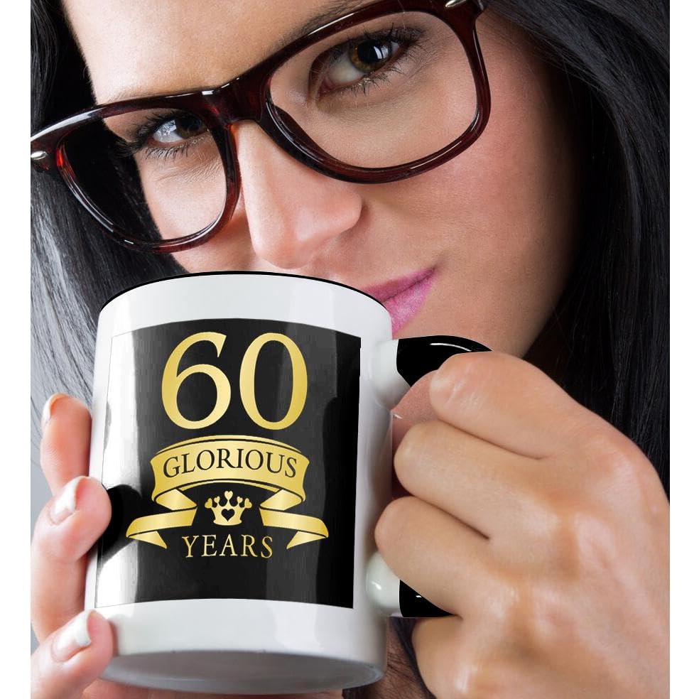 3dRose 60th Celebration Anniversary, Birthday Design in Tonal Two Tone Mug, 11 oz, Black/Yellow