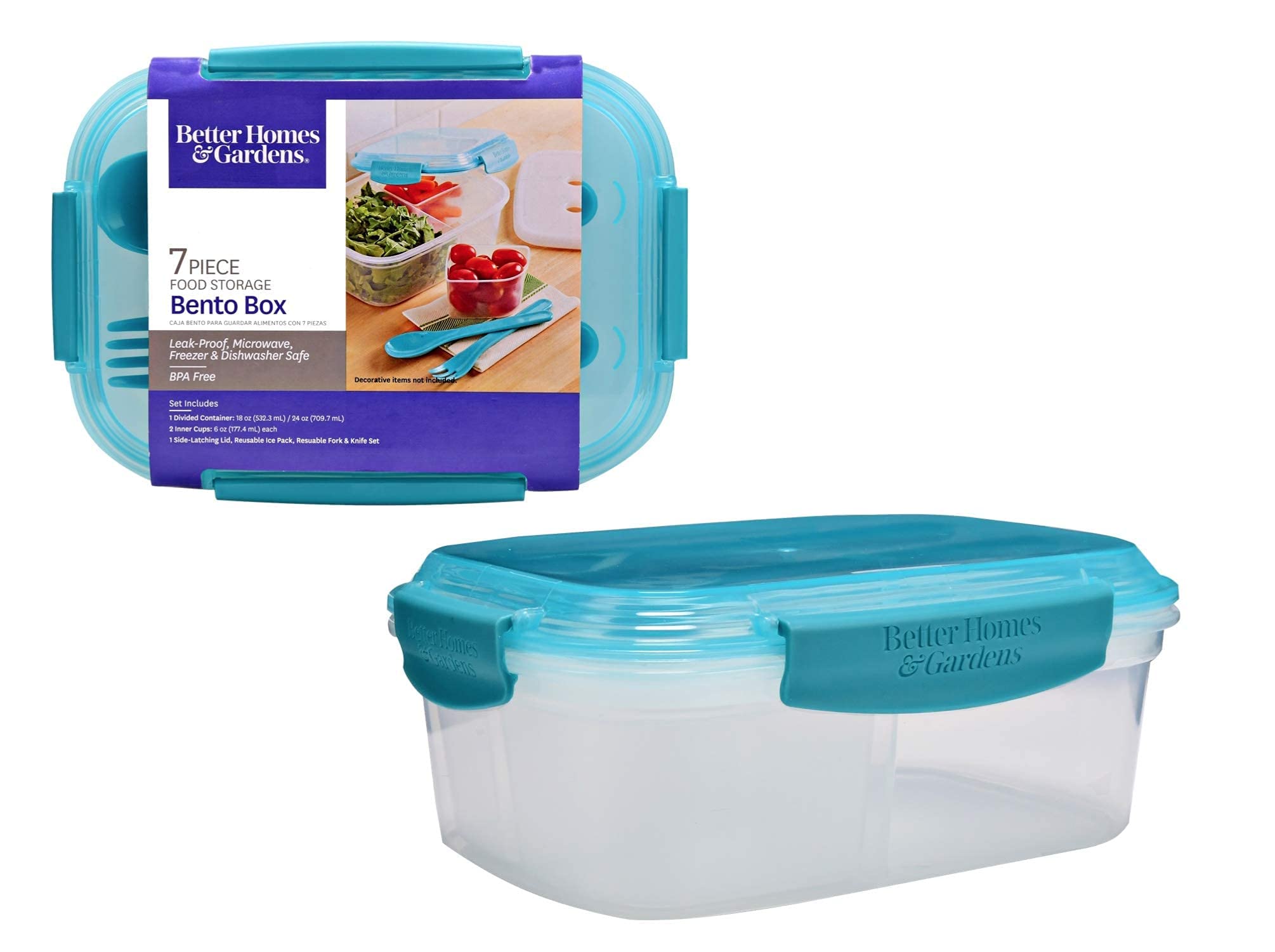 Bento Box 7 Piece (2 Boxes, 8.7 X 6.5 X 3.5 In) Food Storage, Aqua Clear Reusable Dishwasher Microwavable Bpa Free
