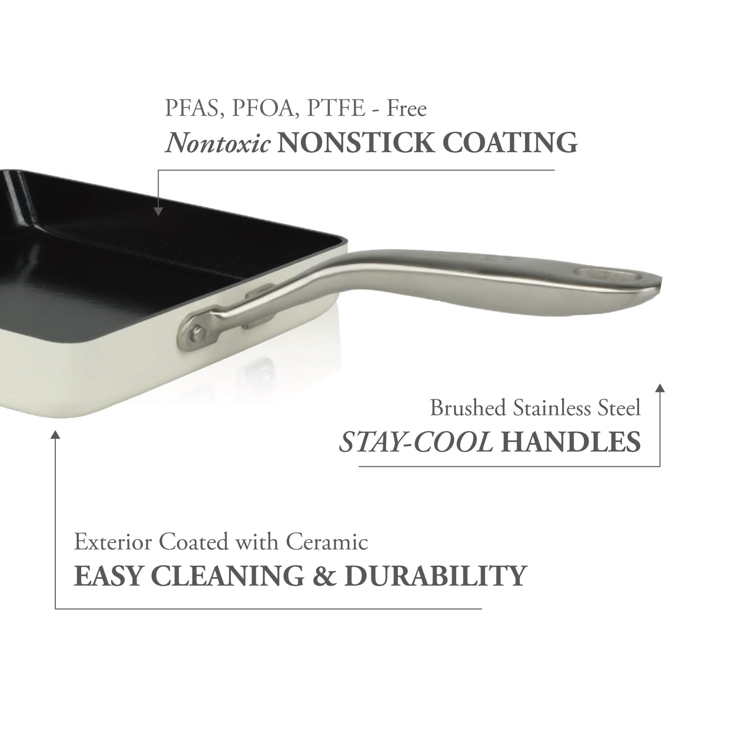 ValenCera Ceramic Nonstick Egg Frying Pan, Square, White, Nontoxic, Model VCEPL, Made in Korea