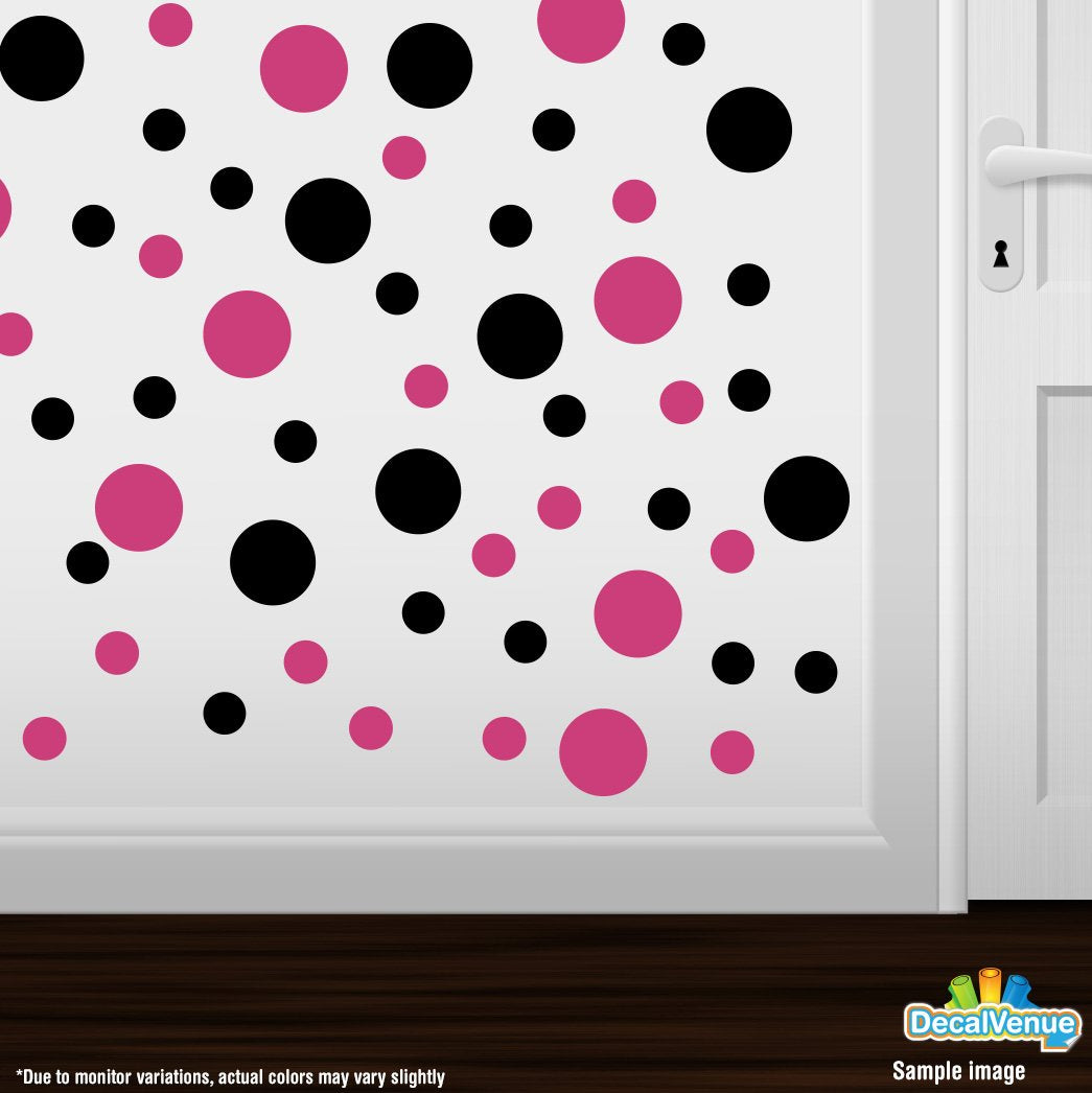 Hot Pink/Black Vinyl Wall Stickers - 2 & 4 Inch Circles (60 Decals)