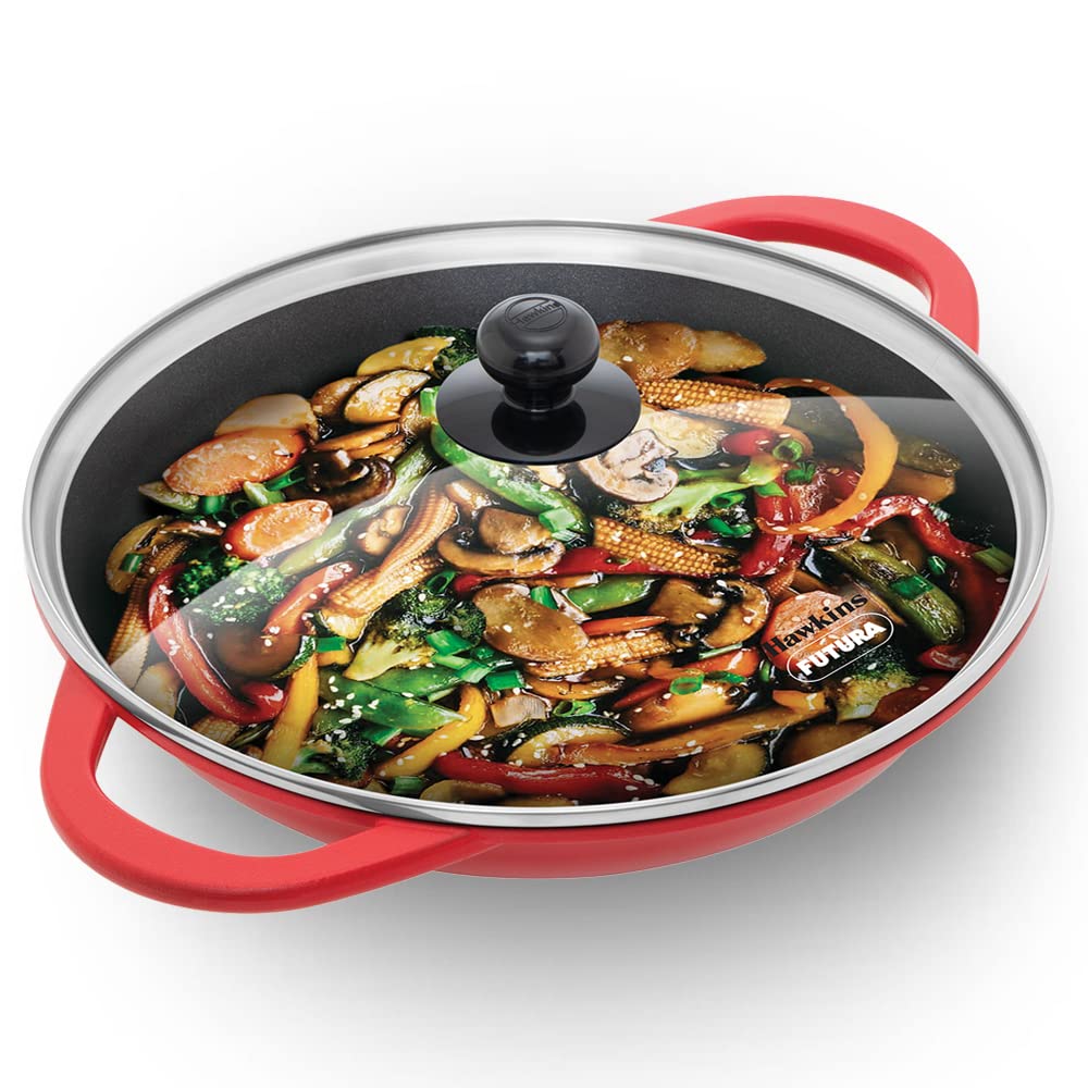 Hawkins 3 Litre Shallow Kadhai, Die Cast Non Stick Frying Pan With Glass Lid, Ceramic Coated Pan, Induction Shallow Frying Pan,