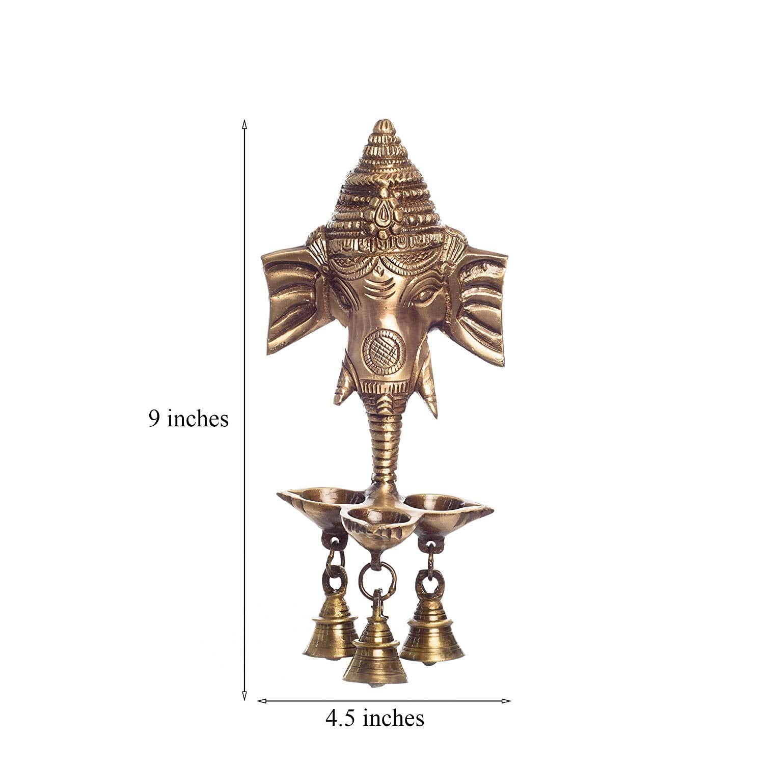 Craftomanic Brass Antique Ganesha Wall Hanging Deepak / 3 Diya with Bells for Home Decor (9.5 inch)