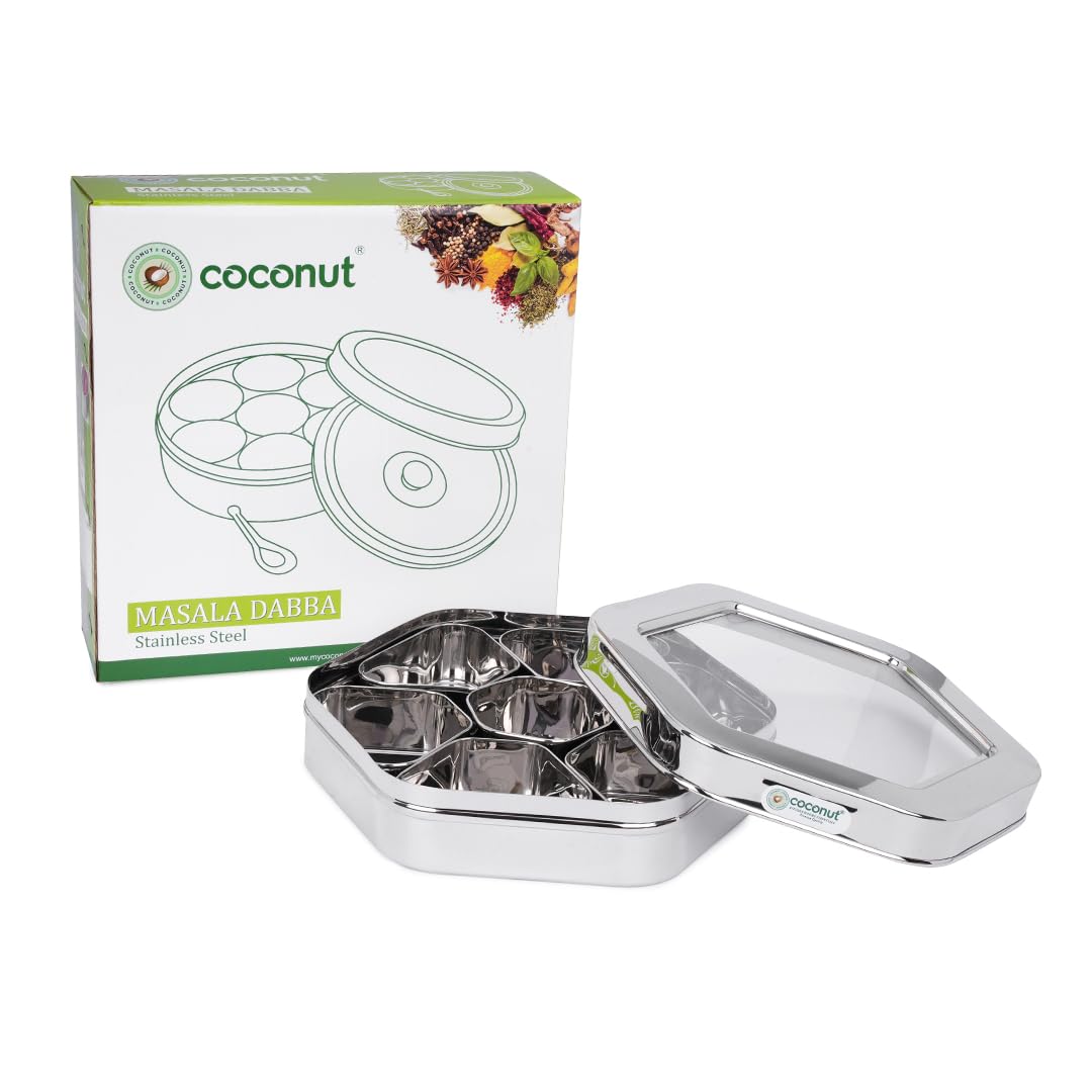 Coconut Stainless Steel Masala Dabba, Octagonal Spice Box With 7 Compartments