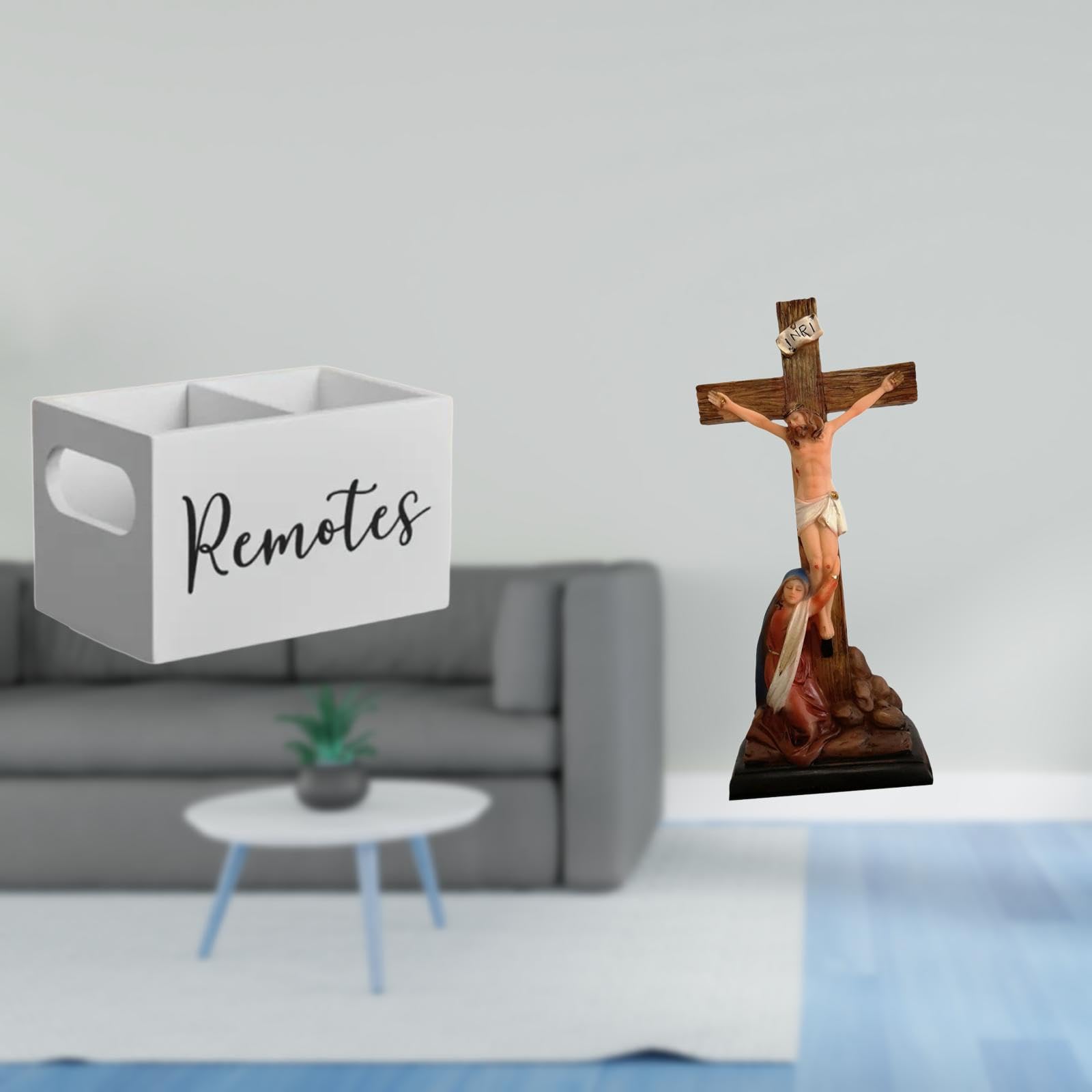 Enakshi Retro Wooden Remote Organizer And Holy Religious Jesus Mother Mary Sculpture Decorative Holder For Table Nightstand Couc