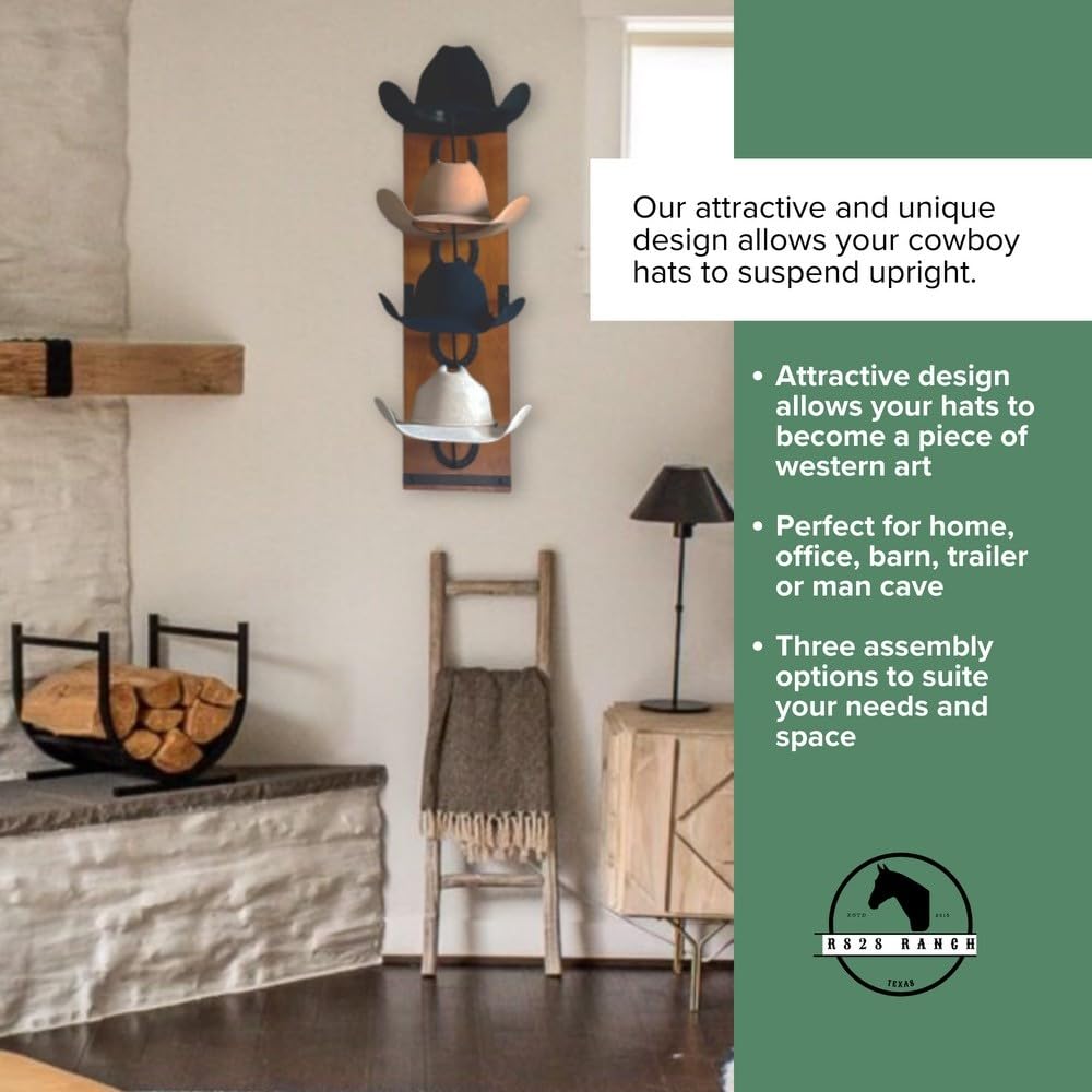R828 Ranch Wood Cowboy Hat Rack with Metal Accents - 34.6” x 10.1” x 13.5” - Brown - Wall Mount with Customizable Horseshoe Design