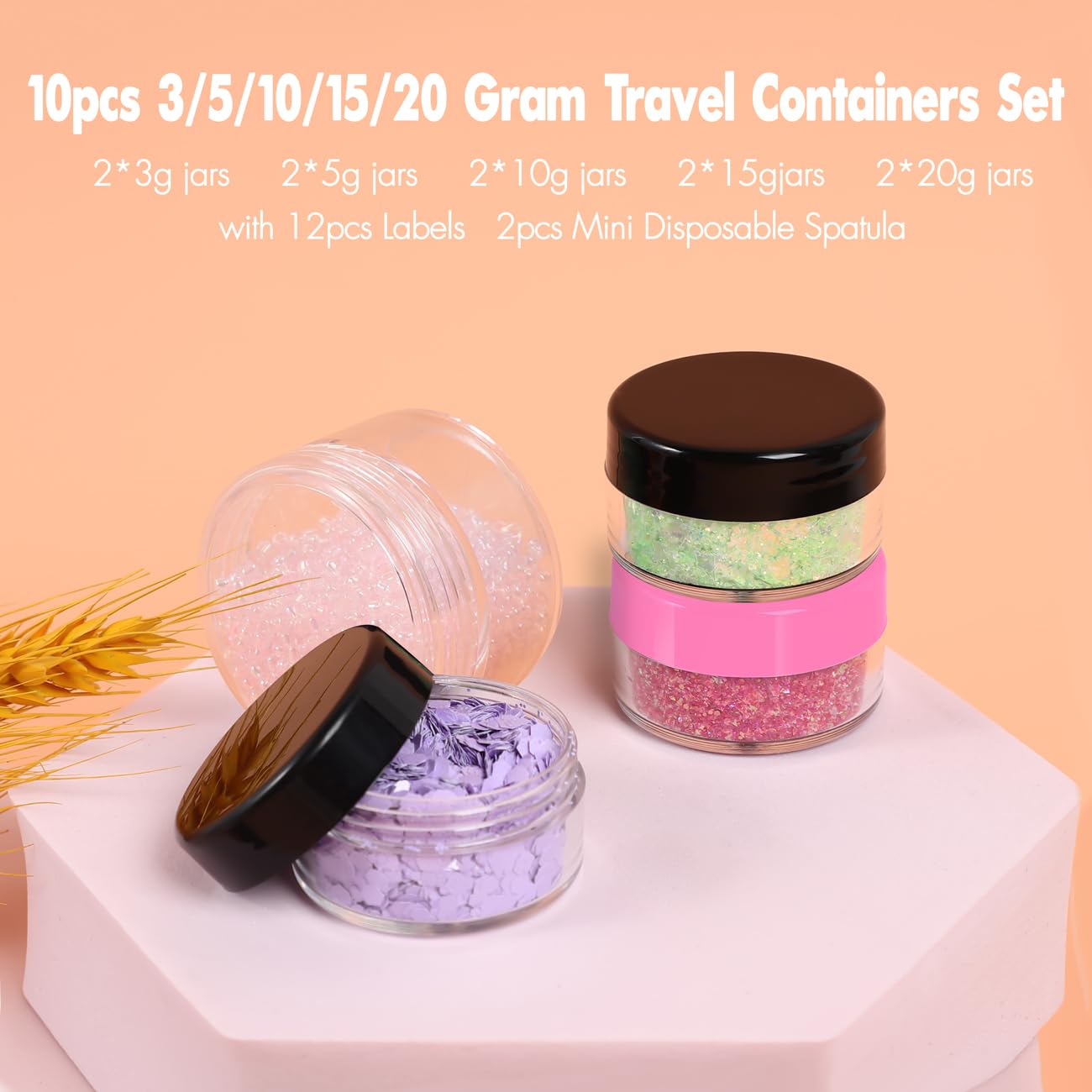 Golacky 10 Pieces Small Travel Containers, 3/5/10/15/20 Gram Size Travel Containers For Creams, Sample Containers With Screw Lid