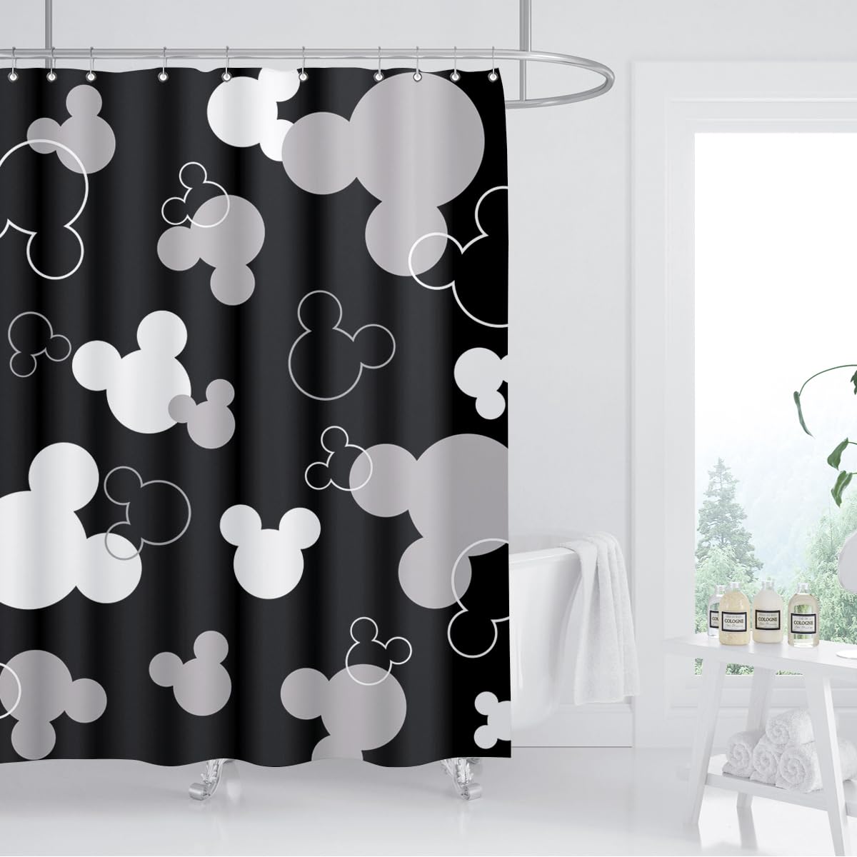 Biysuc Mouse Head Shower Curtain Black Background Children Cartoons Kids Cute Animal Grey White Bathroom Home Decor Waterproof P