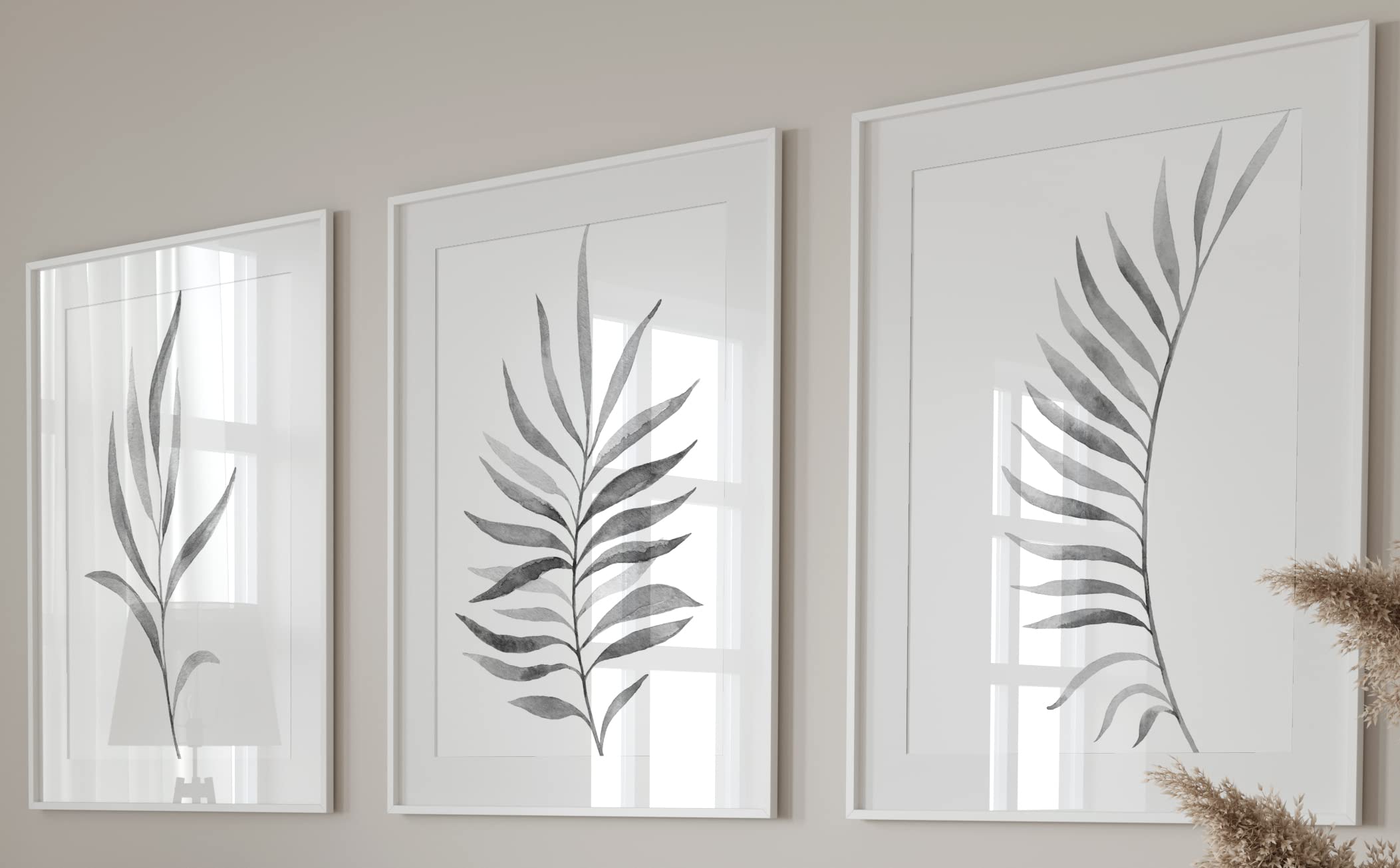 Gray Ferns Botanical Leaves Set Of 3 Unframed Prints, Abstract Tropical Plant Decor, Living Room Bedroom Bathroom Wall Art Poste